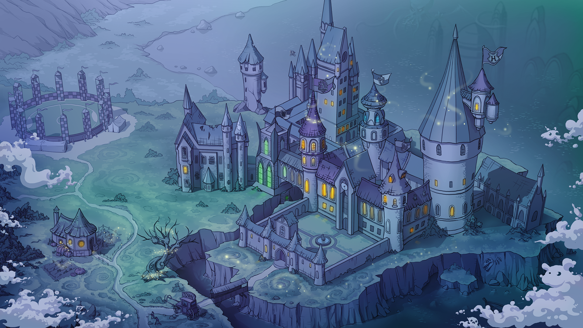 Aerial View of Hogwarts Castle Artwork HD Wallpaper
