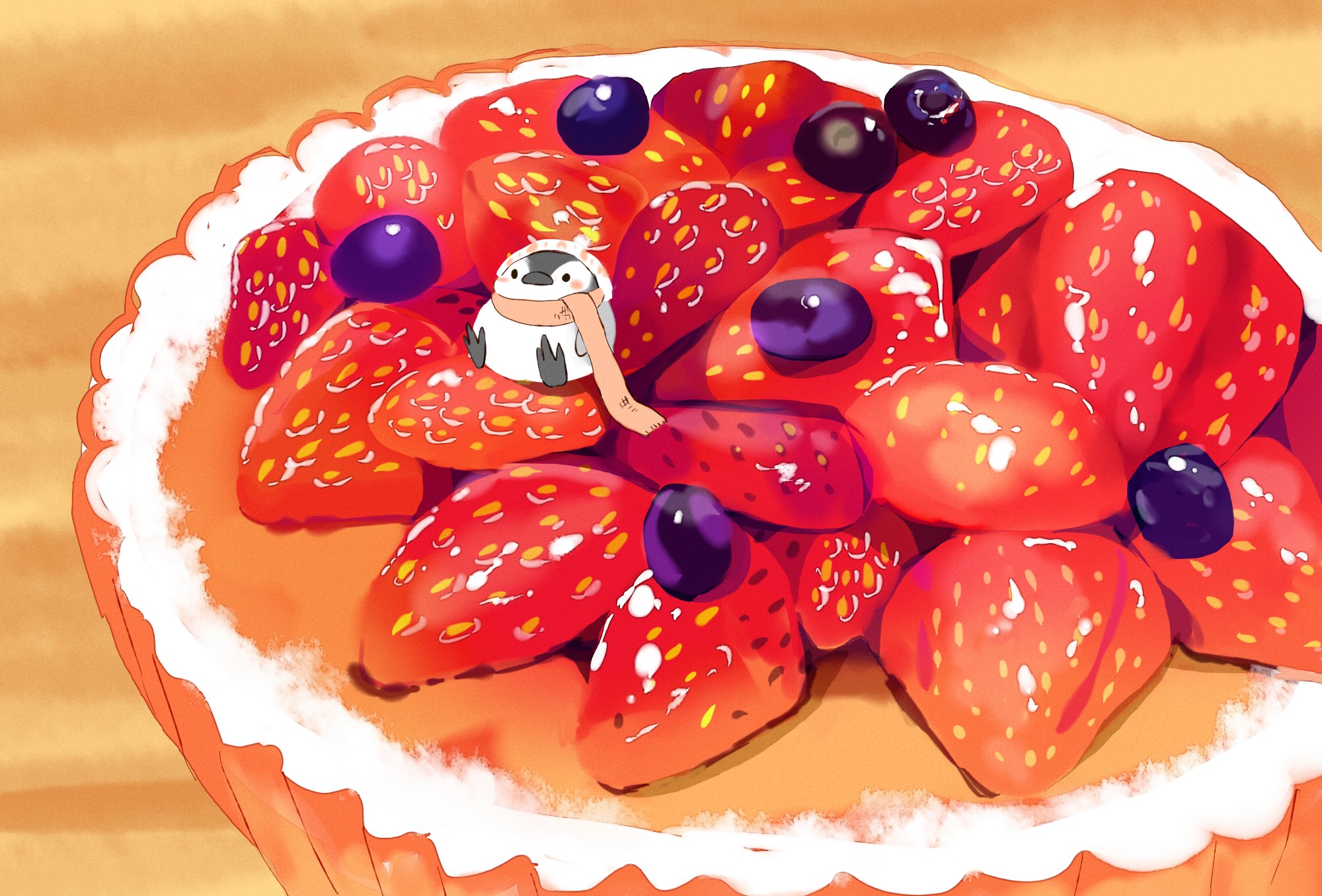 A cute penguin wearing a scarf on a strawberry tart HD Wallpaper