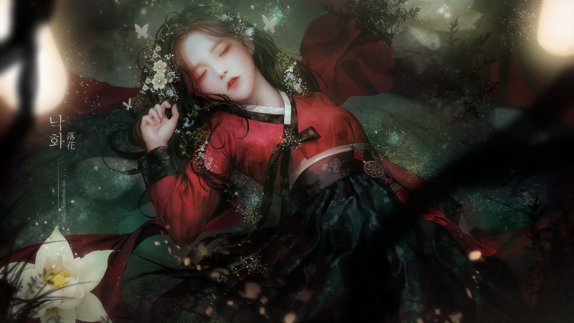 Girl in traditional Korean hanbok lying down HD Wallpaper