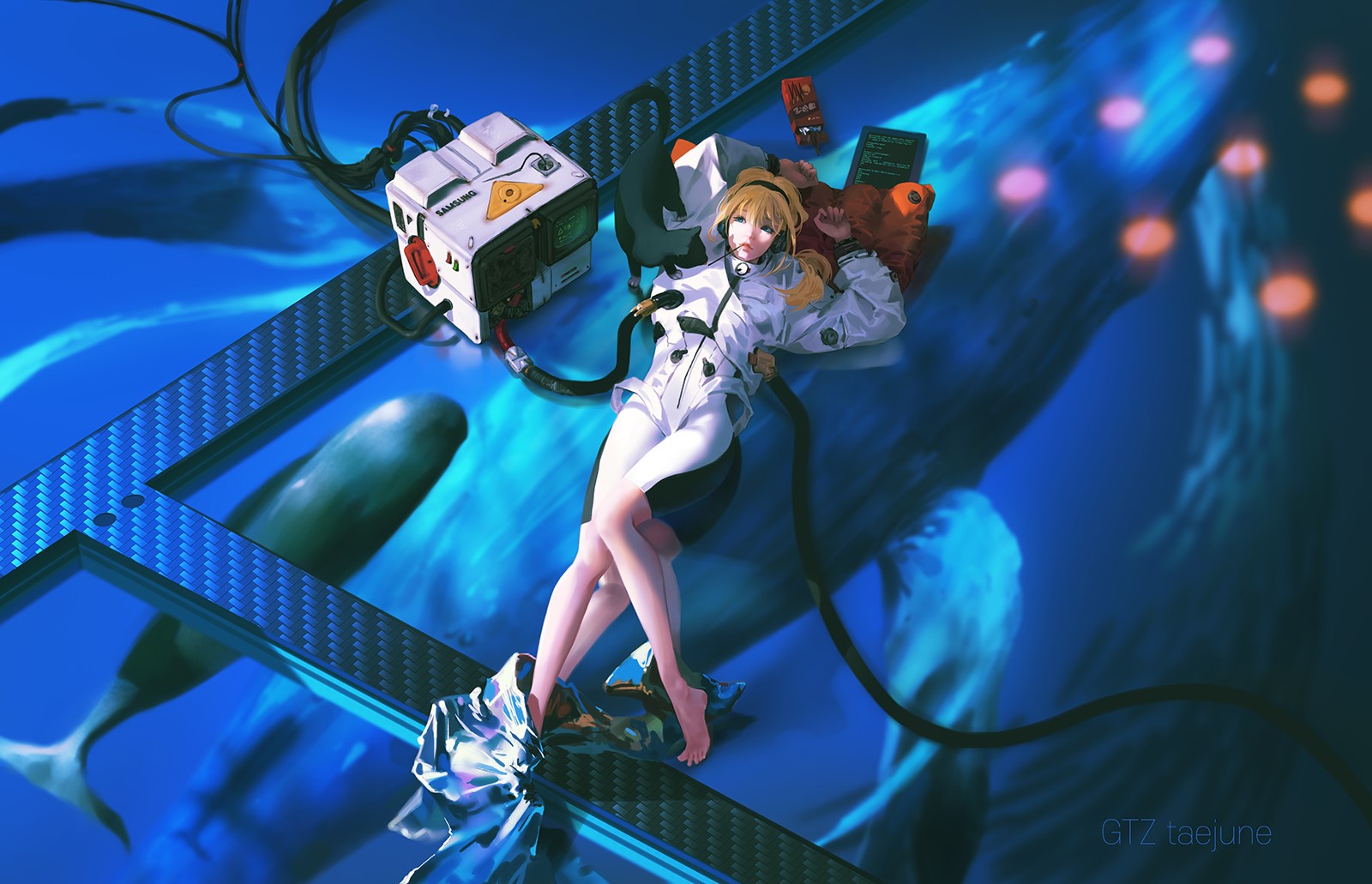 Anime girl in white suit connected to machinery with whales in background HD Wallpaper