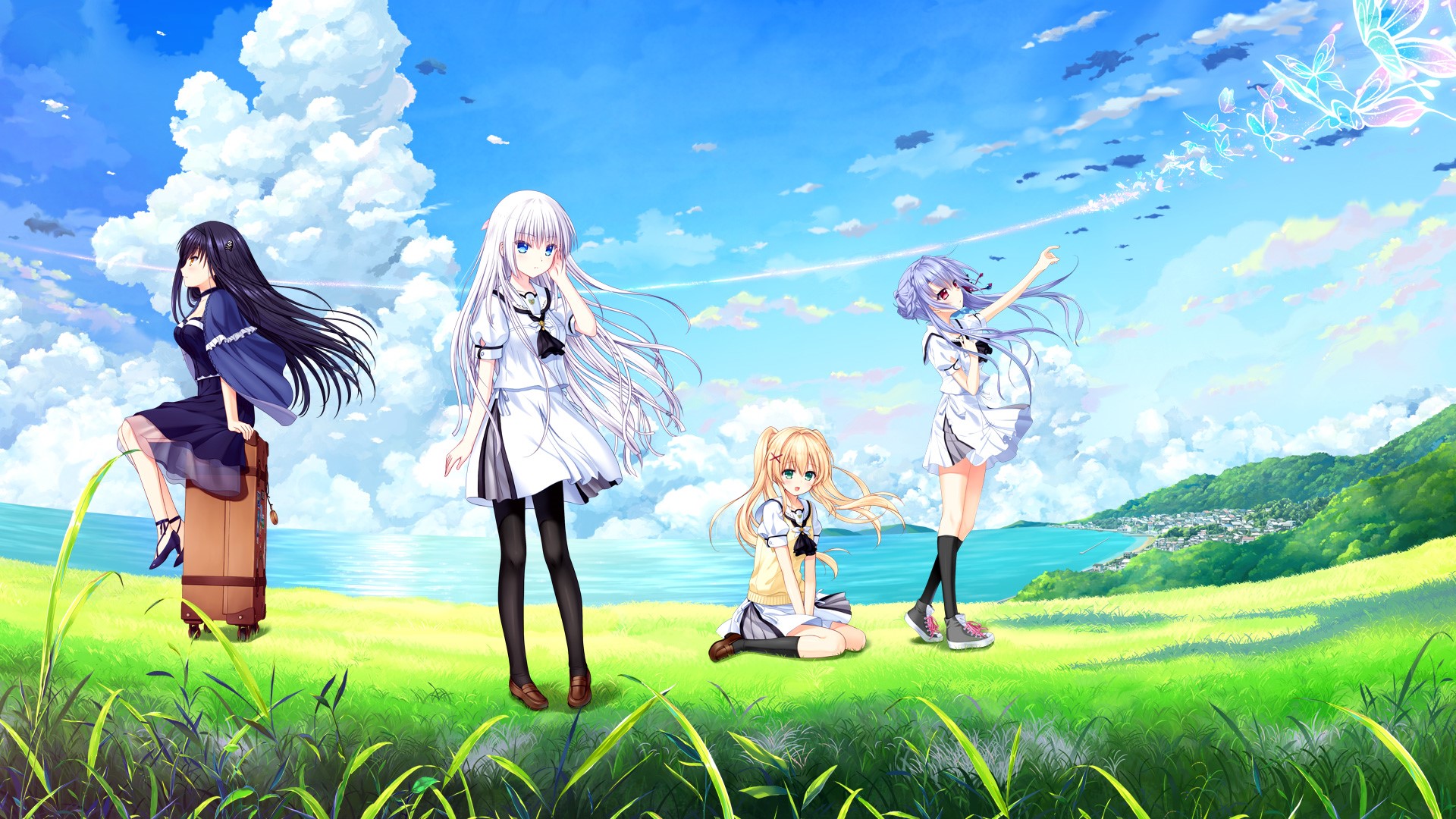 Anime girls in summer outfits by the sea HD Wallpaper