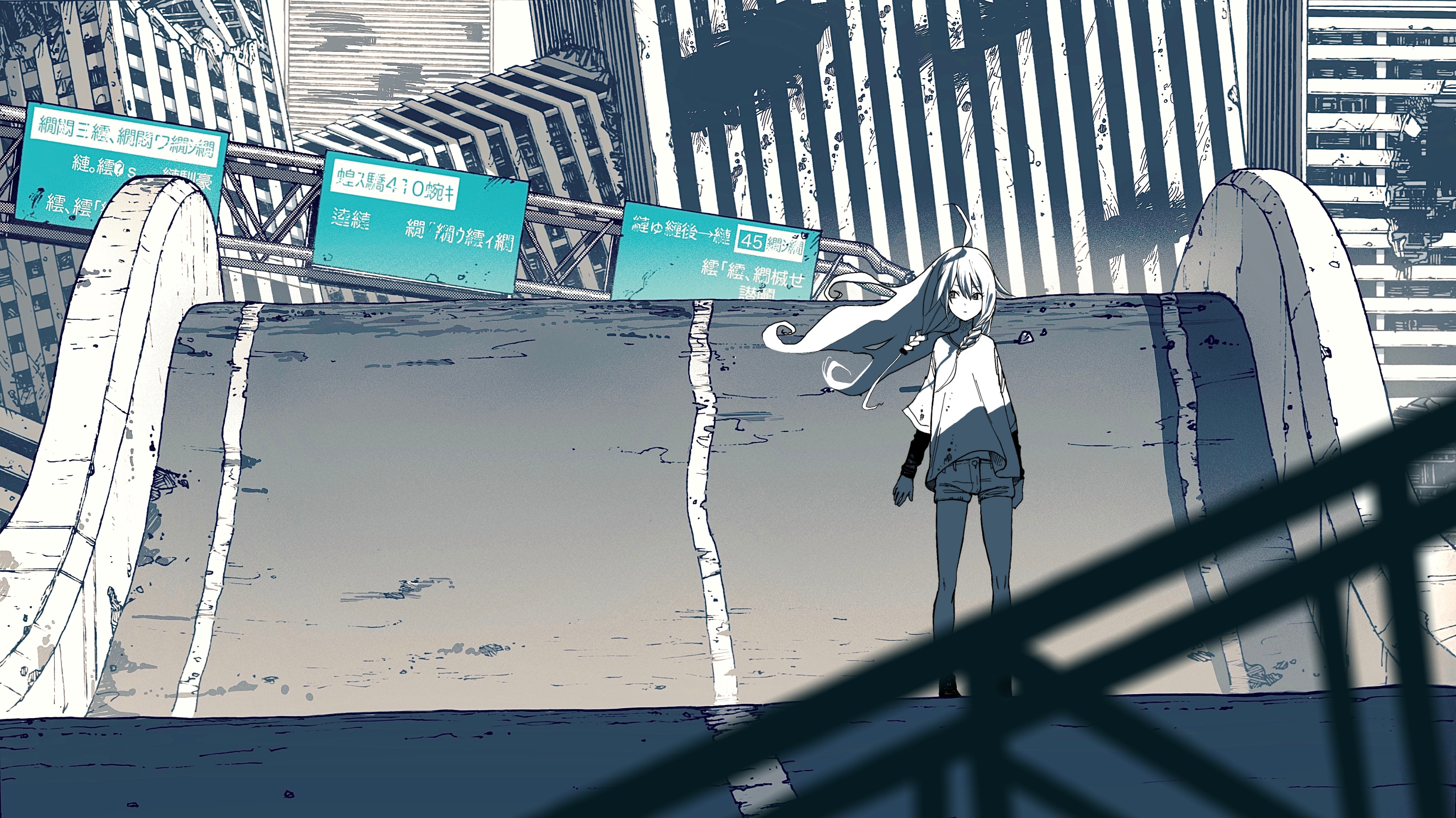 Anime girl in destroyed city with highway signs HD Wallpaper