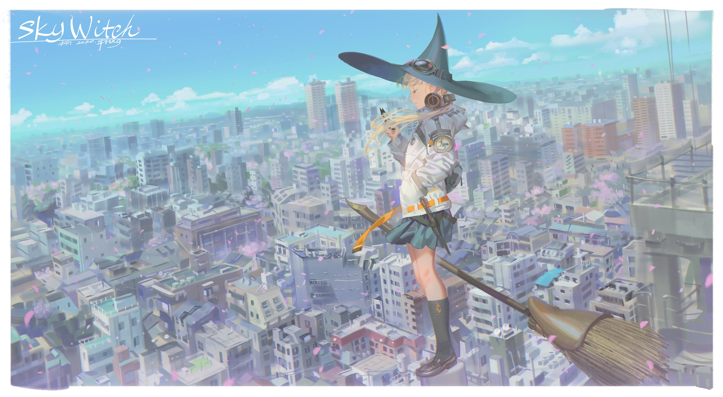 Sky Witch anime girl on a broomstick over a city HD Wallpaper