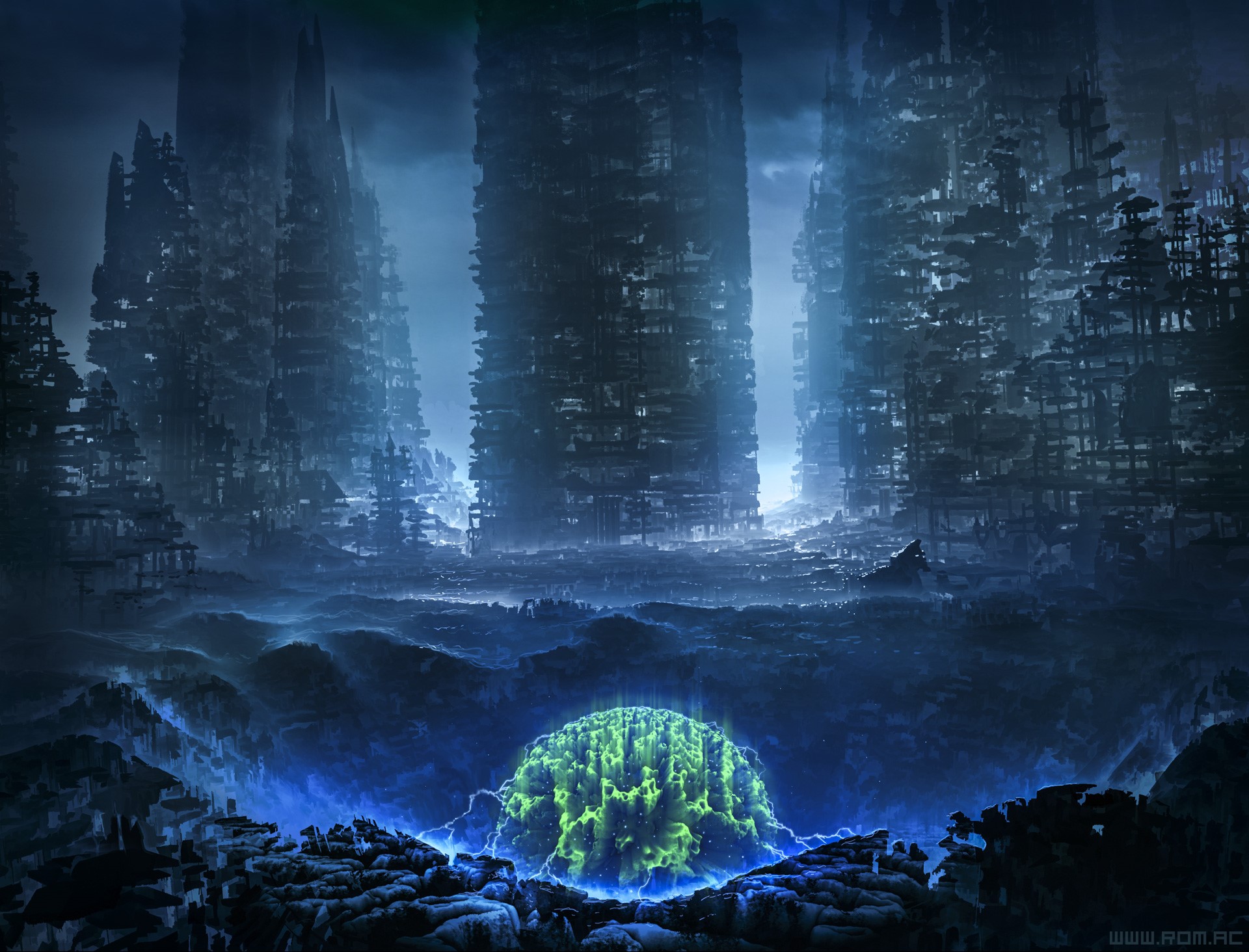 Glowing Orb in a Ruined Futuristic City HD Wallpaper