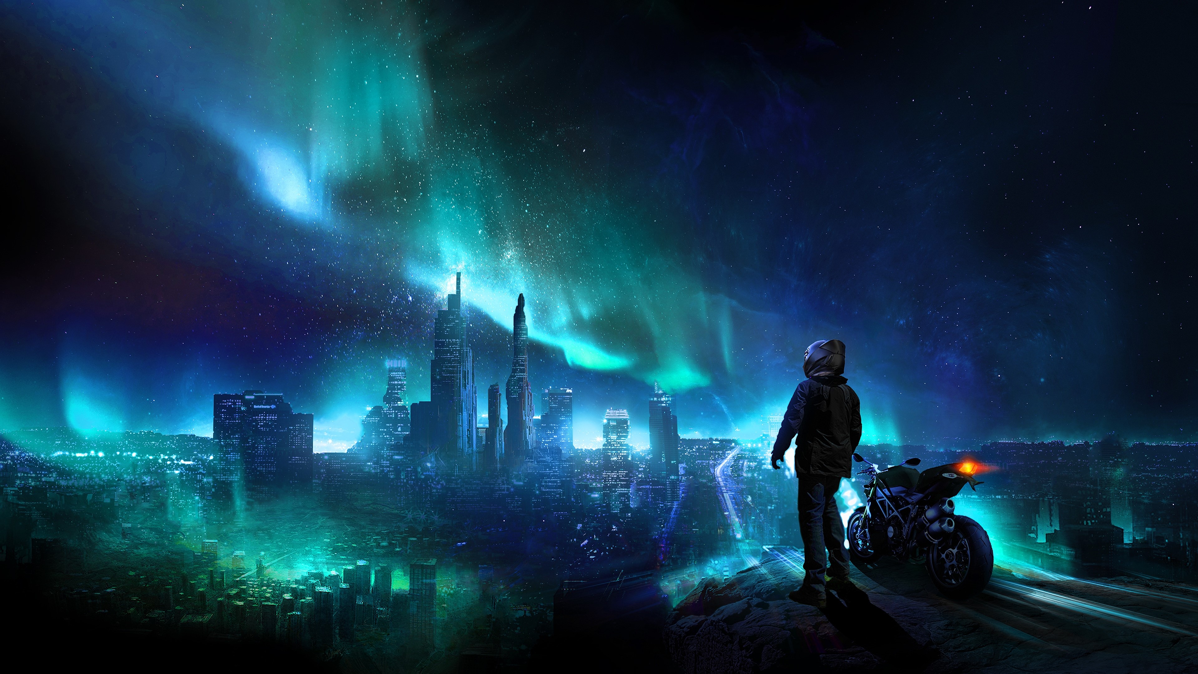 Man with Ducati motorcycle overlooking futuristic cityscape under aurora borealis HD Wallpaper