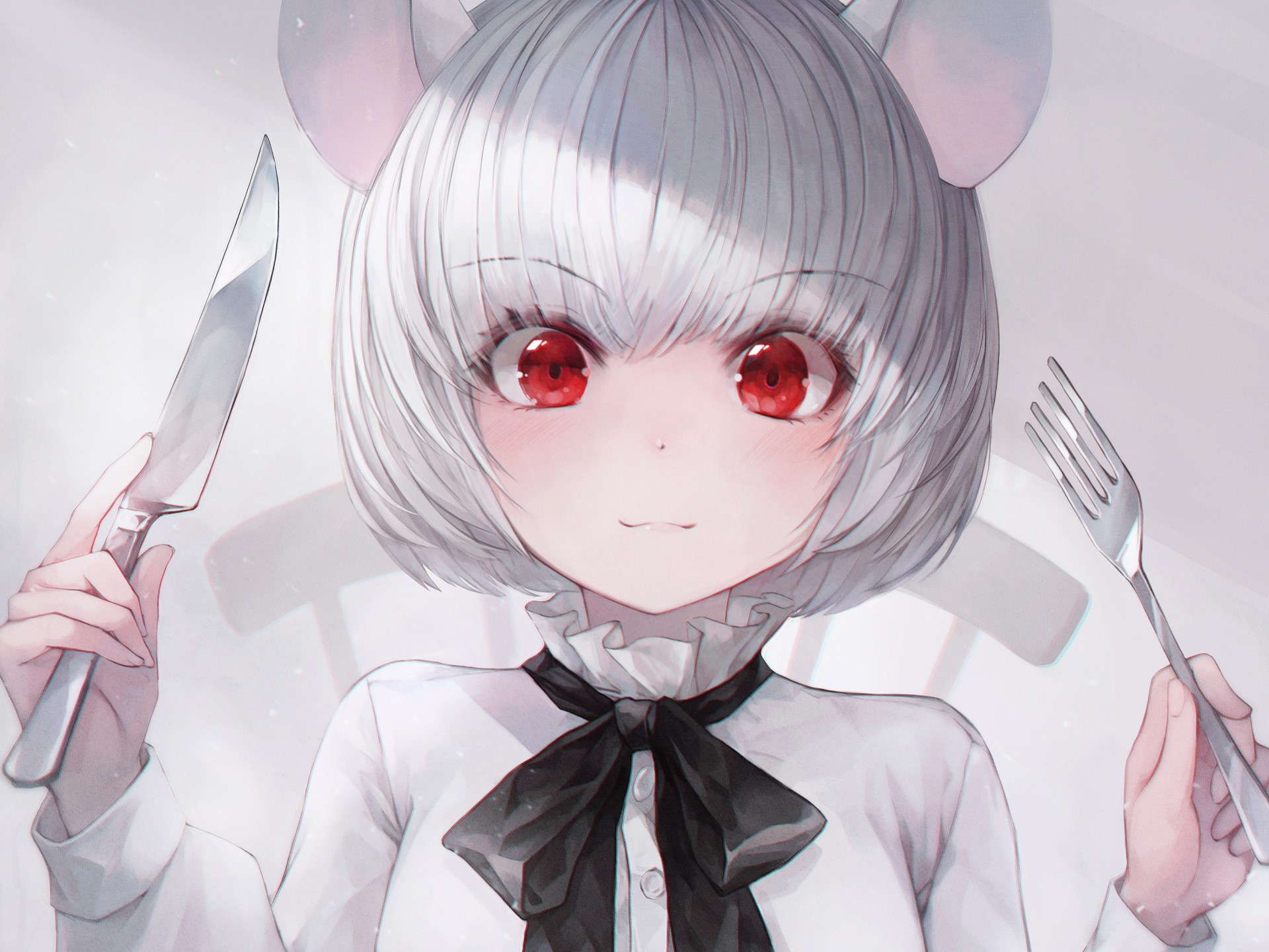 Anime girl with mouse ears holding cutlery HD Wallpaper
