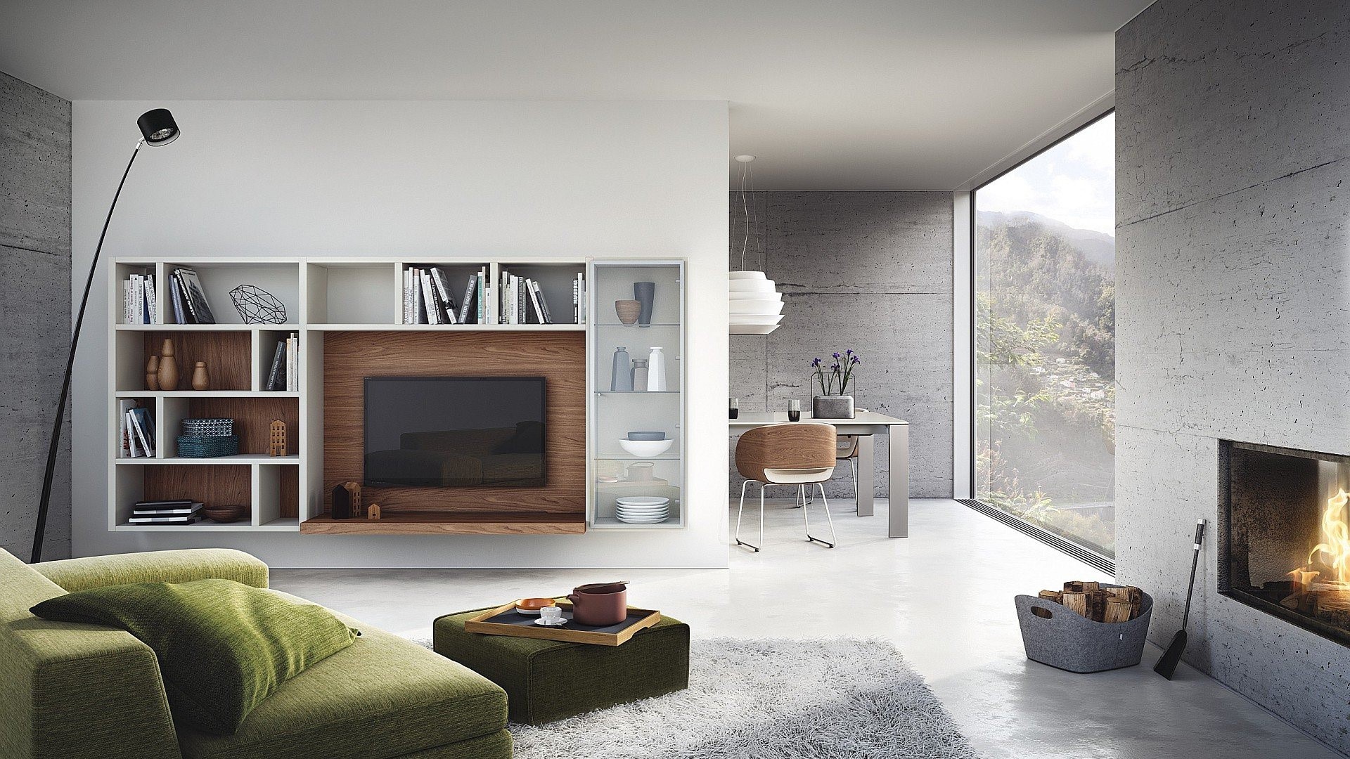 Modern living room with fireplace and large window HD Wallpaper