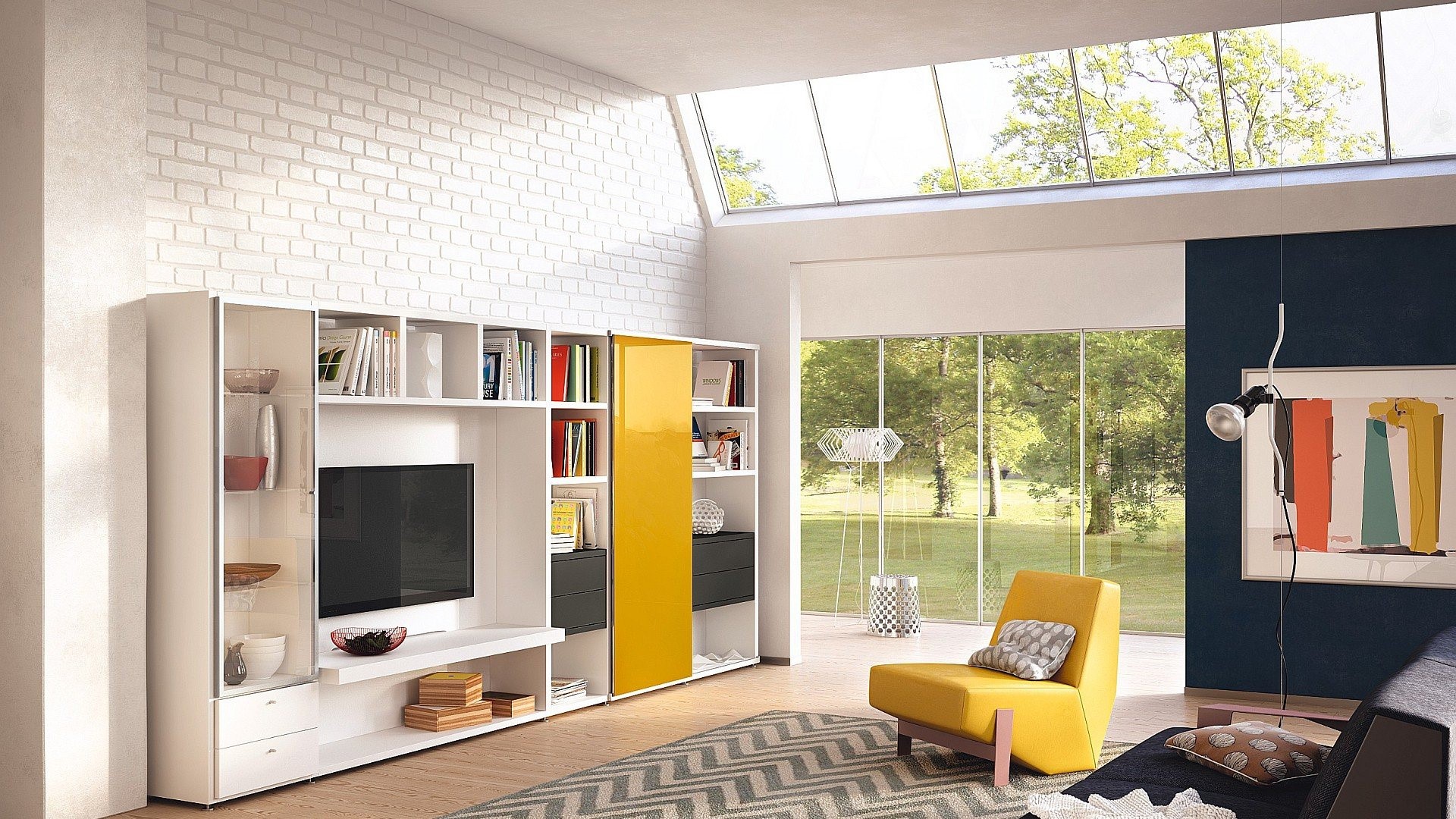 Modern living room with yellow armchair and large window HD Wallpaper