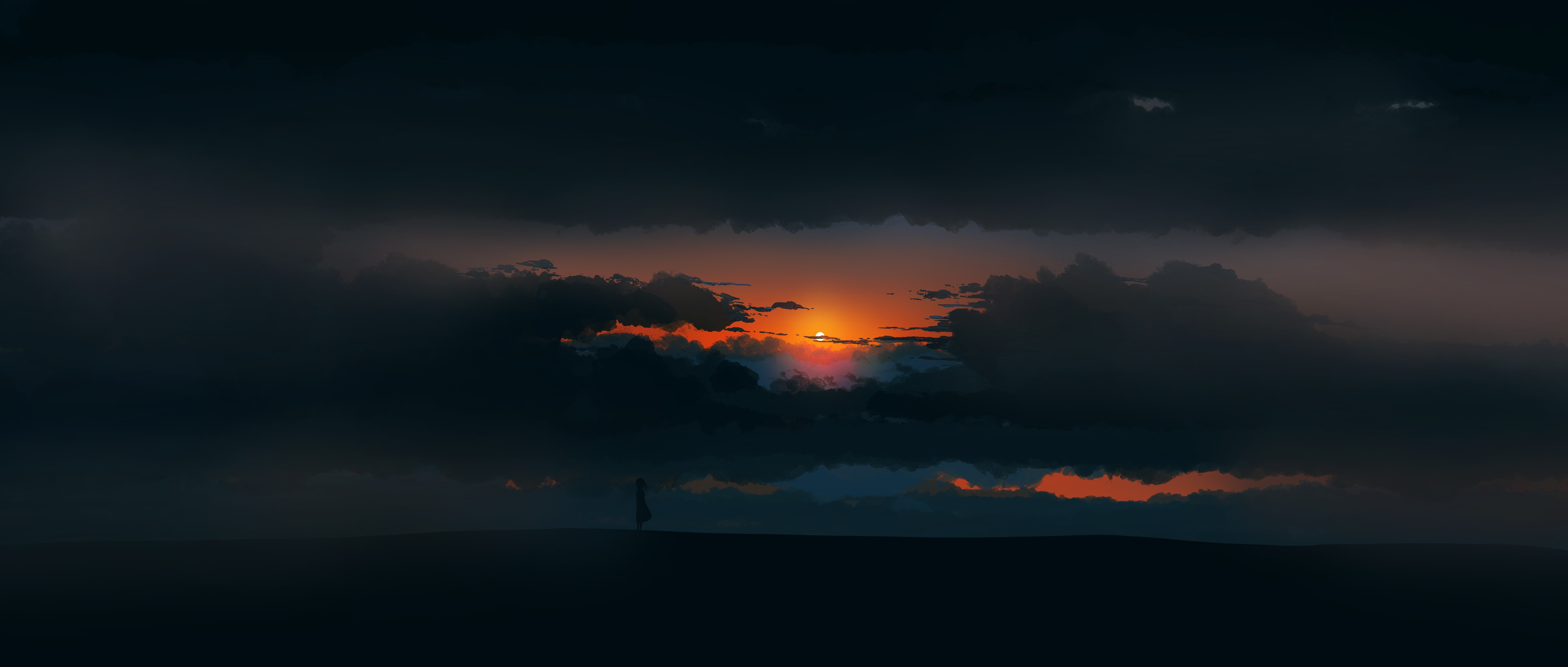 Woman standing in desert at sunset with dark clouds HD Wallpaper
