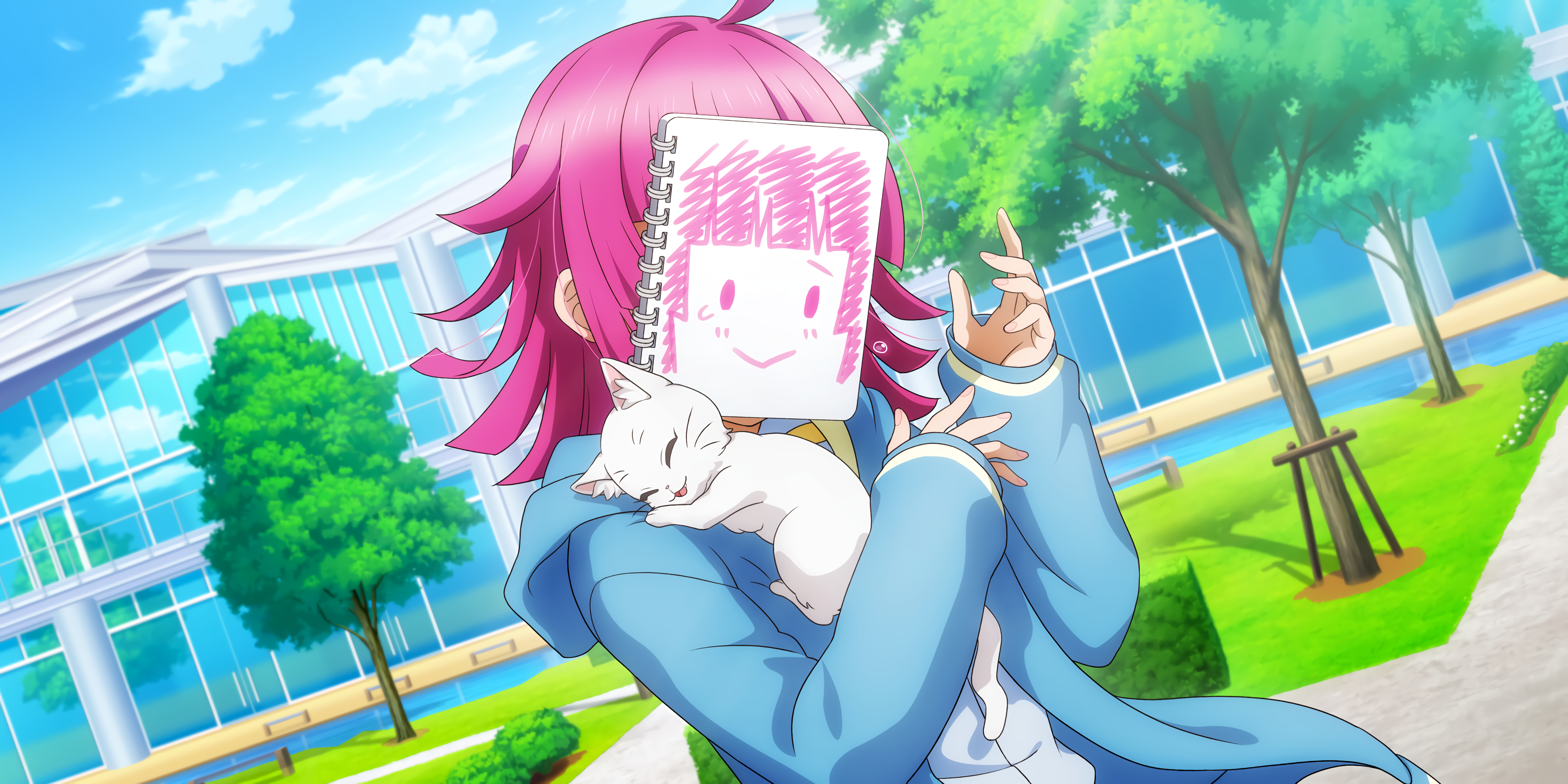 Anime girl with pink hair holding a cat and a drawing HD Wallpaper
