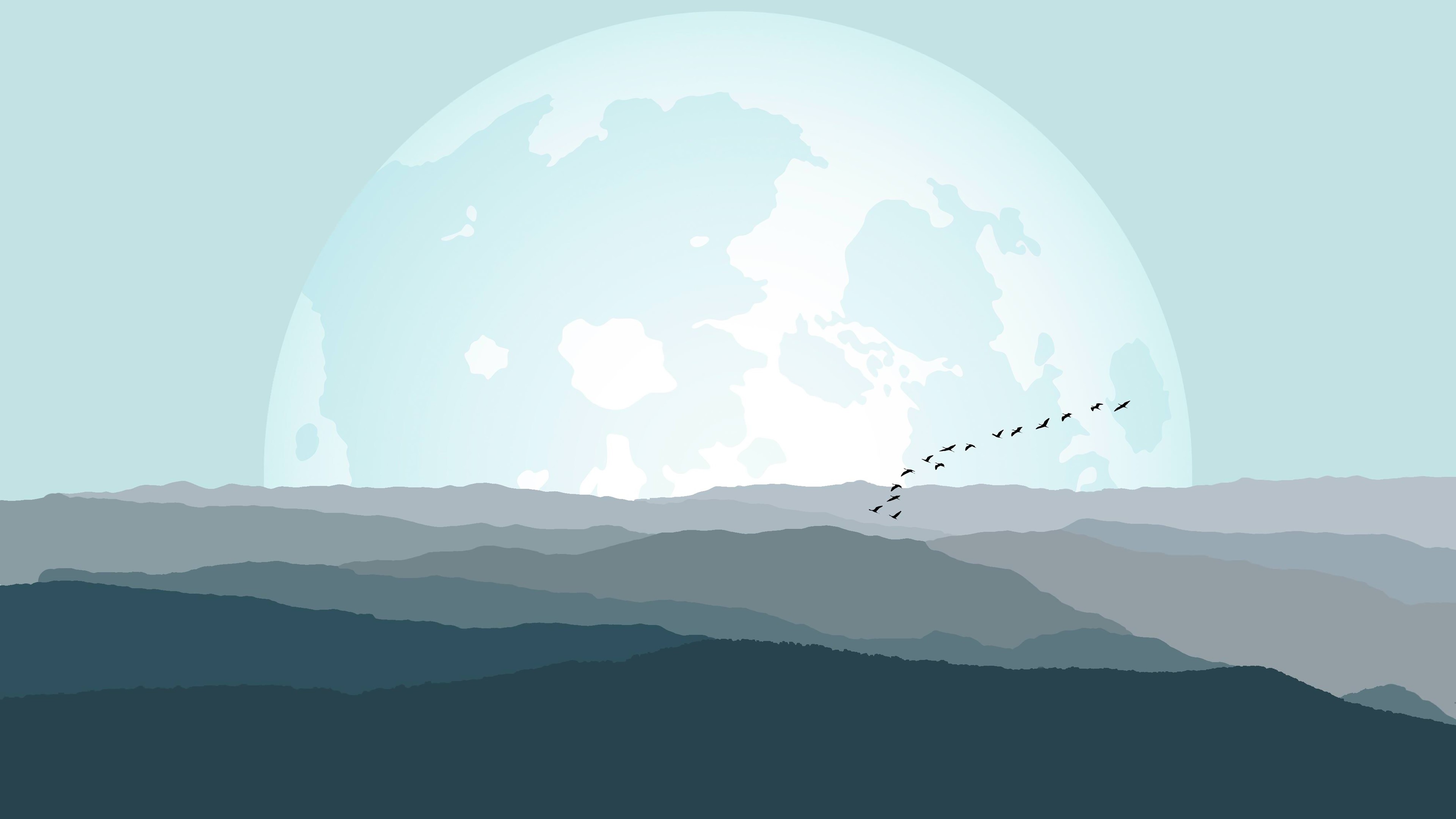 Minimalist landscape with a large moon and birds HD Wallpaper