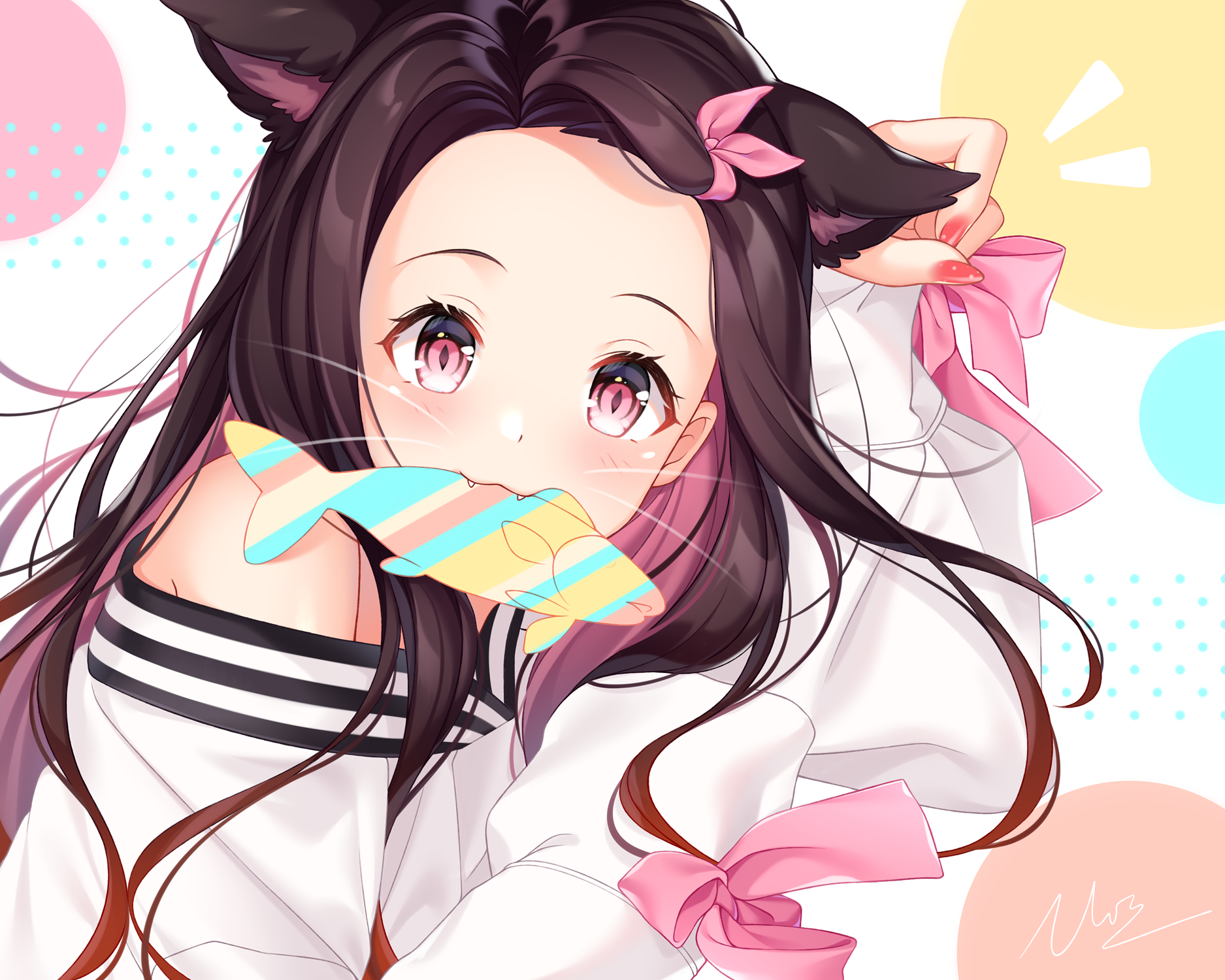 Anime cat girl with fish toy HD Wallpaper