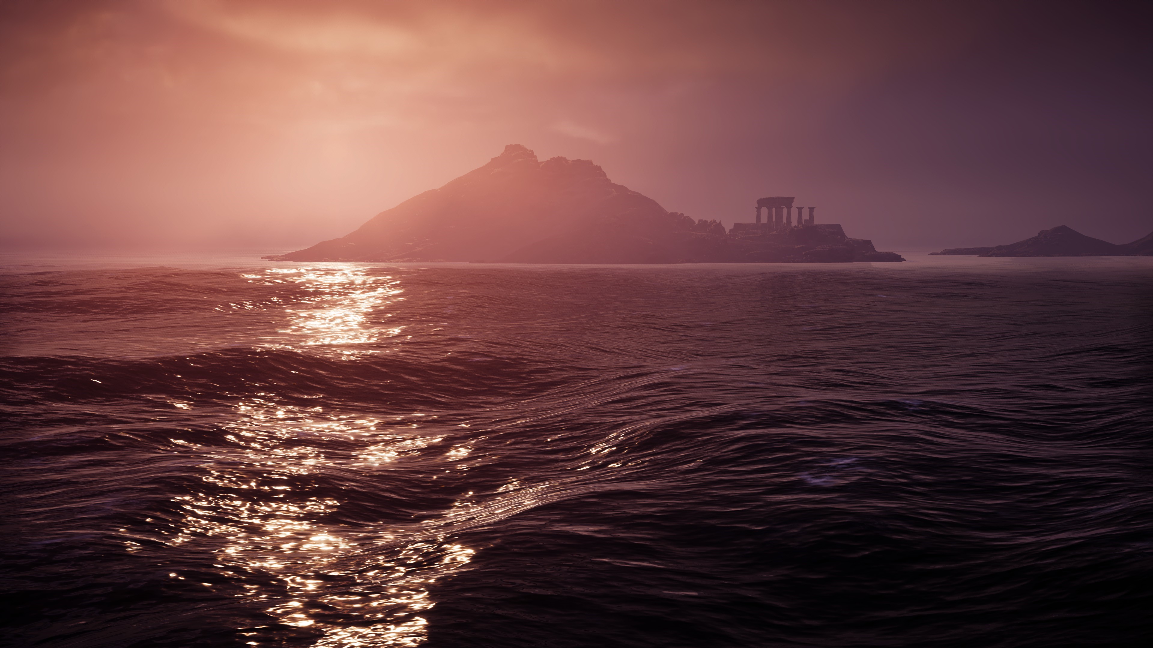 4K sunset over the sea with ancient ruins in Assassin's Creed: Odyssey HD Wallpaper