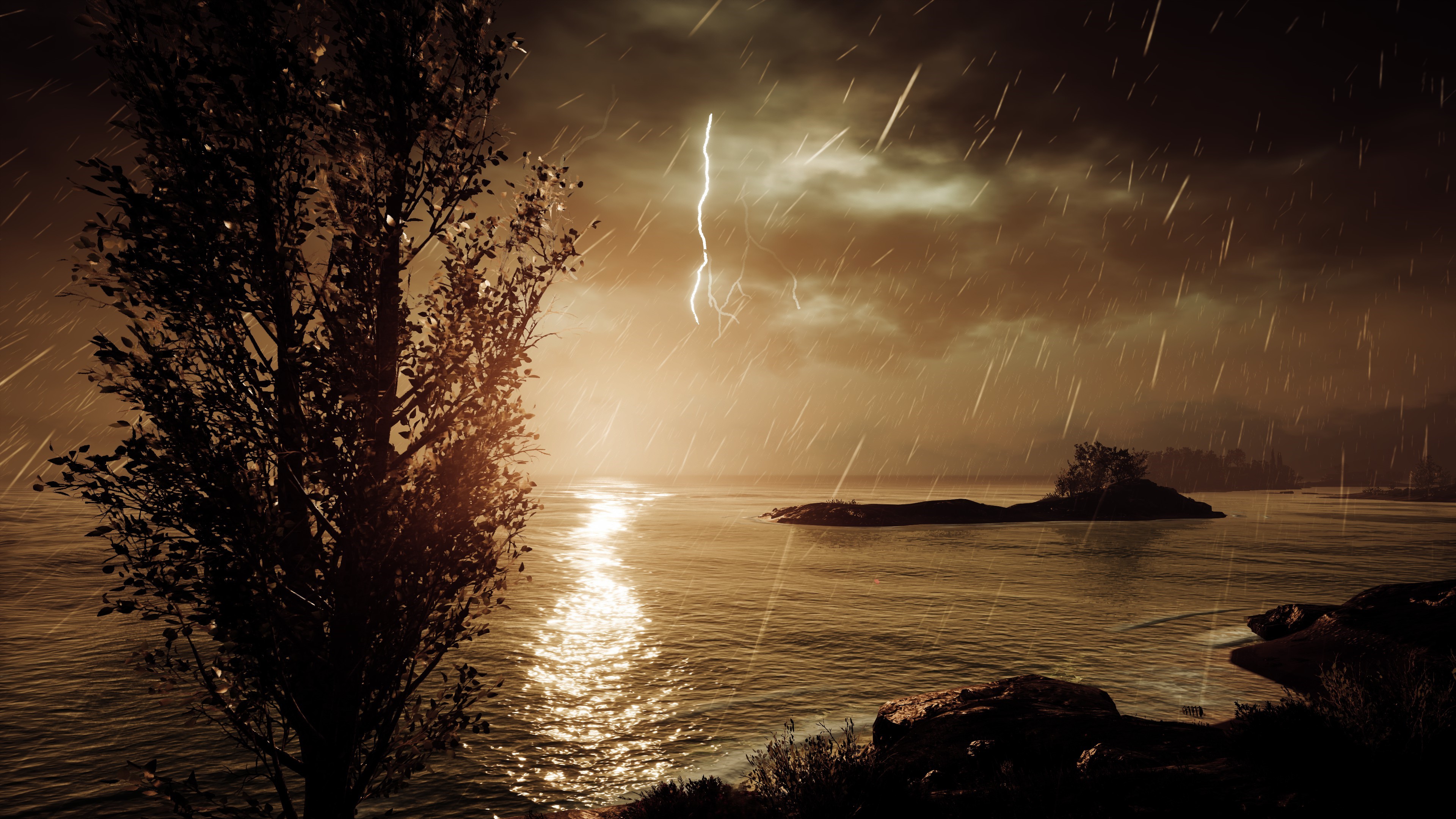 Lightning strike over a stormy sea in Assassin's Creed: Odyssey HD Wallpaper