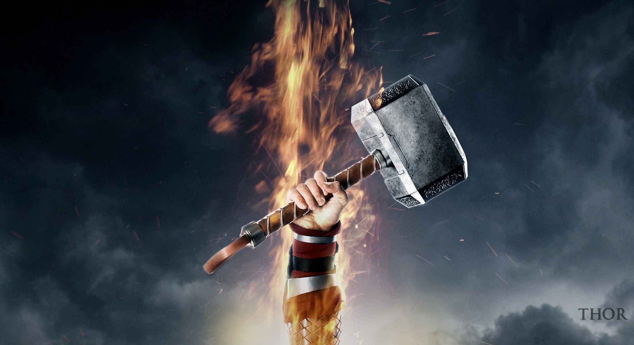 Thor holding Mjolnir with fire and clouds HD Wallpaper