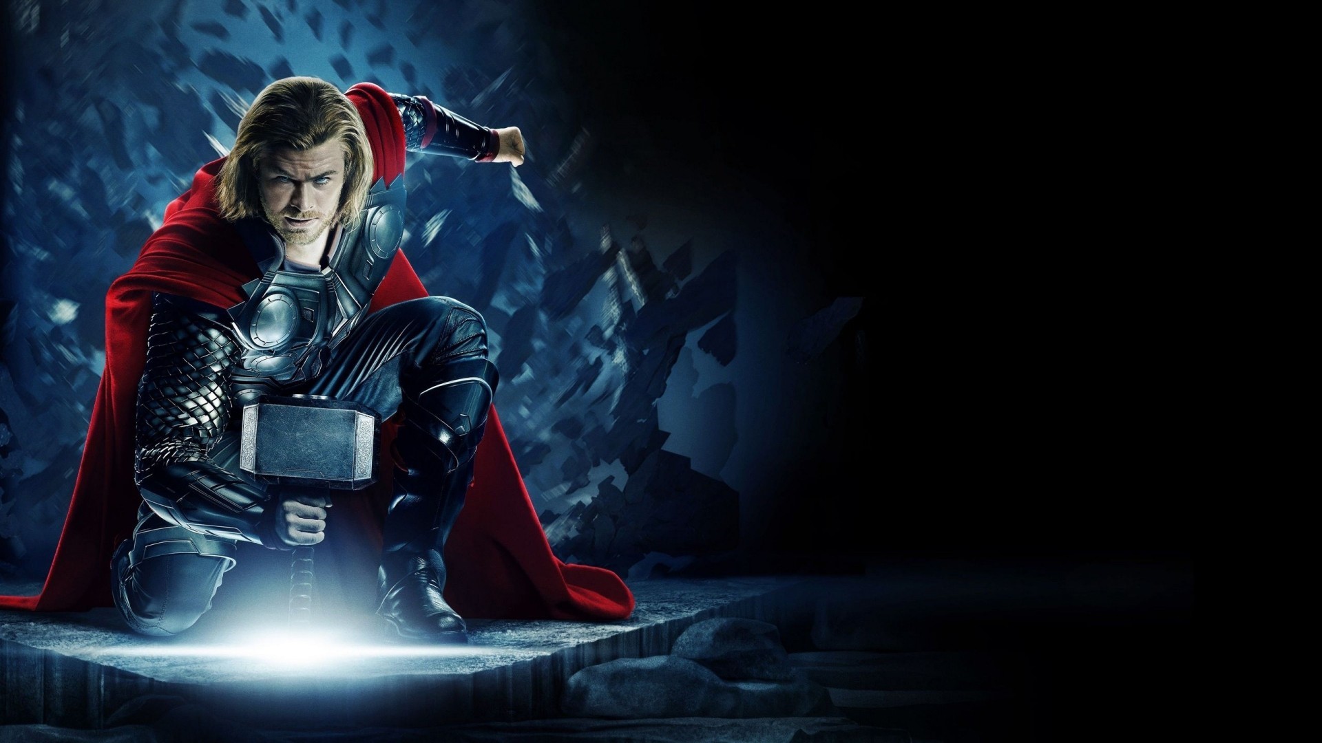Thor with Mjolnir in a rocky environment HD Wallpaper