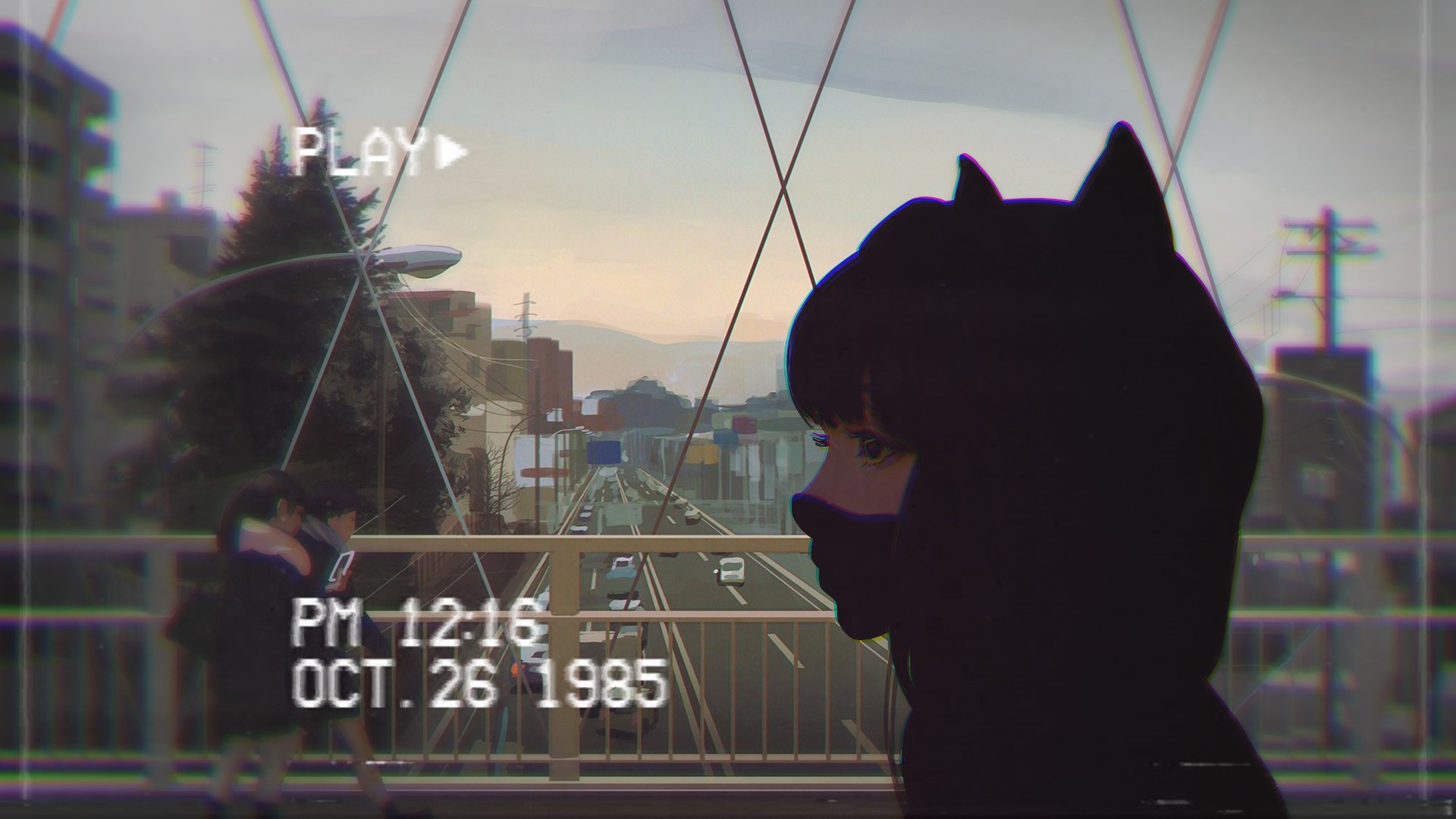Anime girl with cat ears looking at city HD Wallpaper