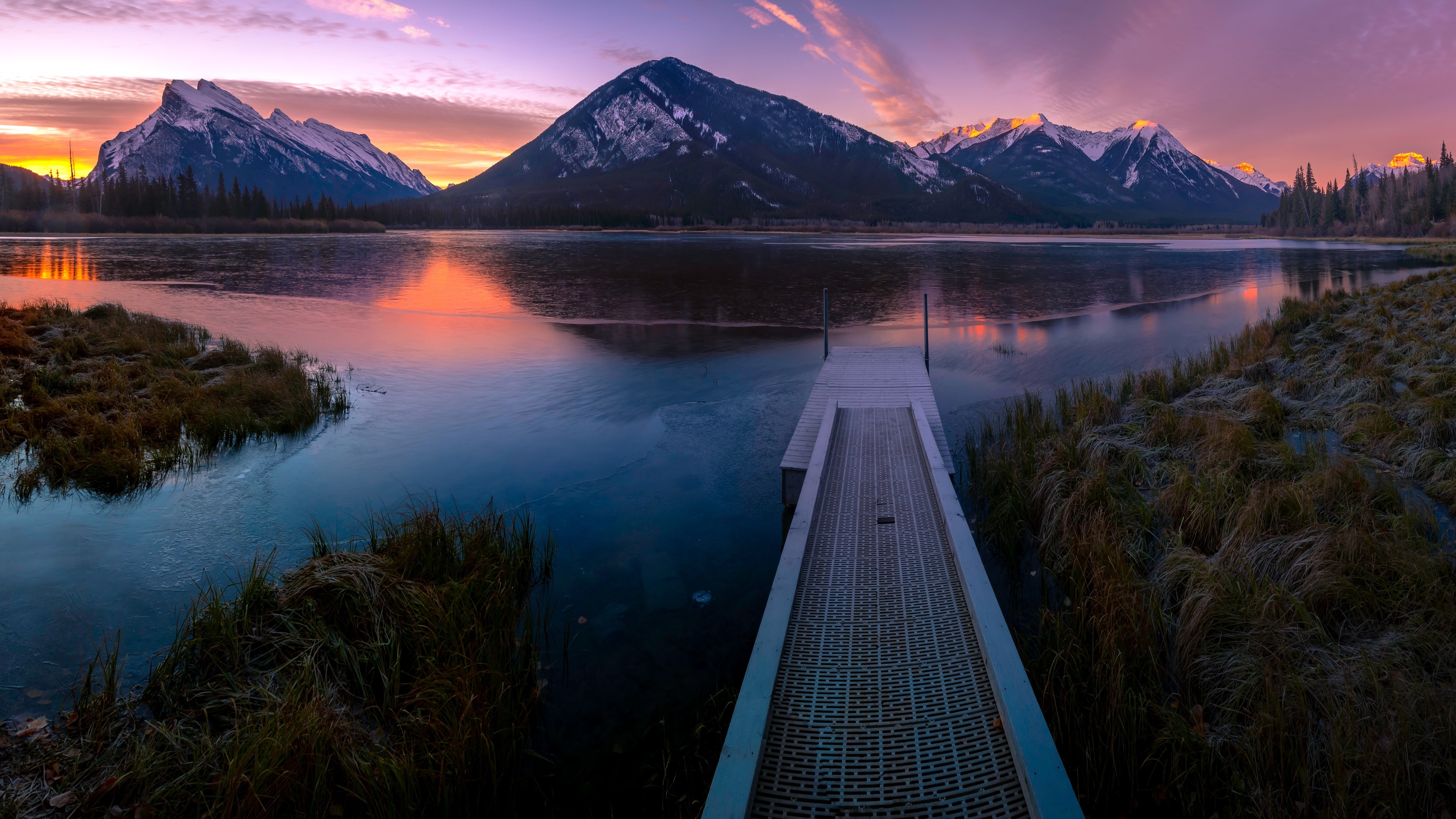 4K mountains and lake at sunrise with dock HD Wallpaper
