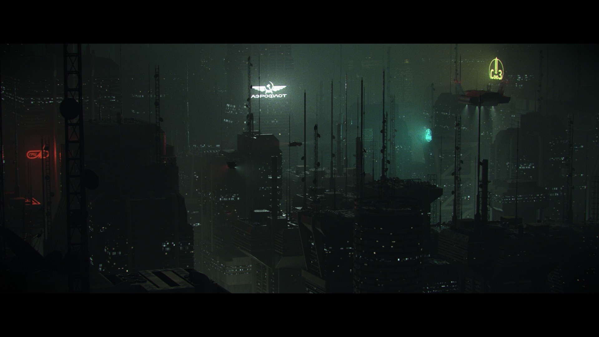 Futuristic cityscape at night with flying vehicles HD Wallpaper