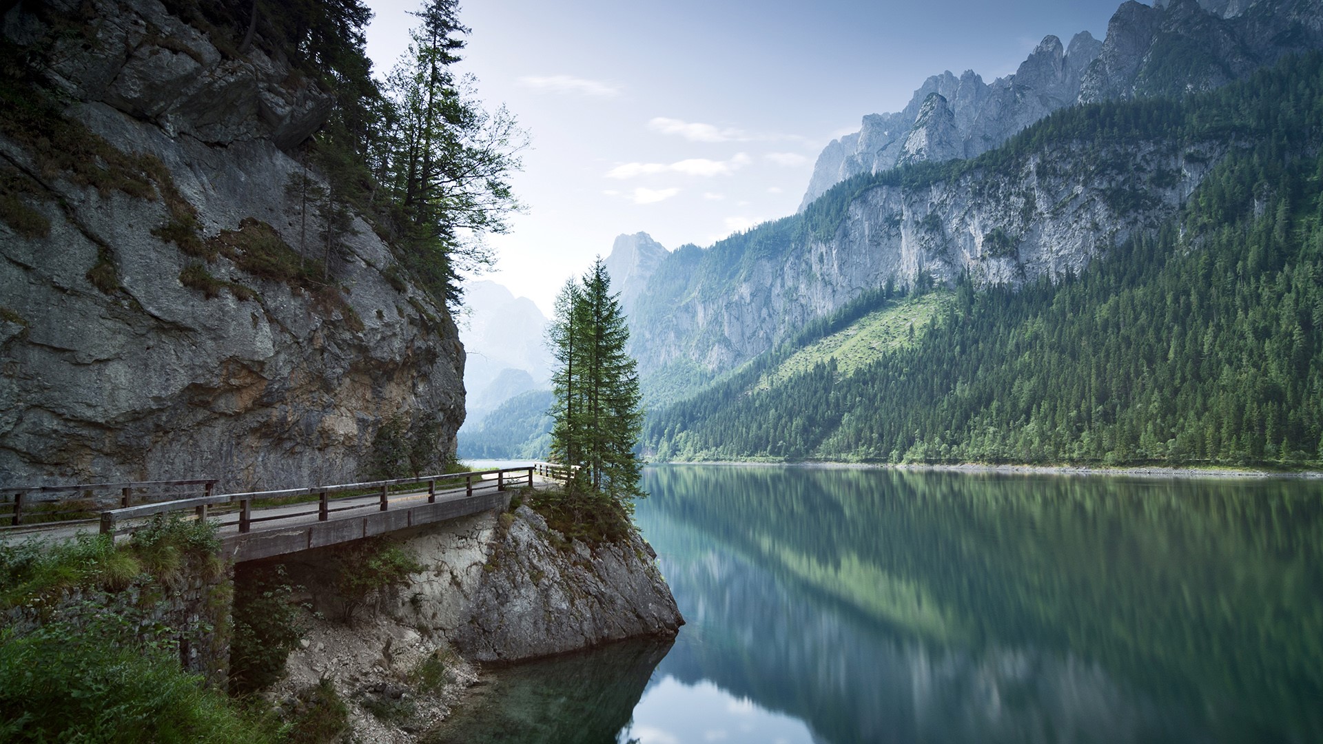 Tranquil River and Road in Dachstein Mountains, Austria HD Wallpaper