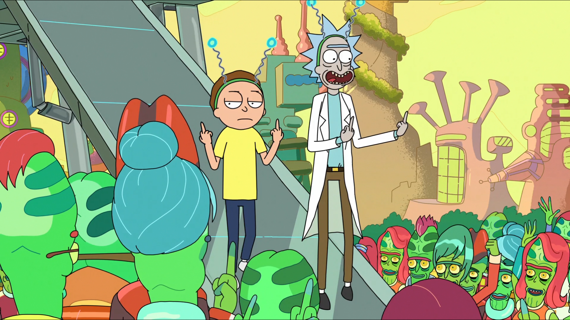 Rick and Morty with aliens HD Wallpaper