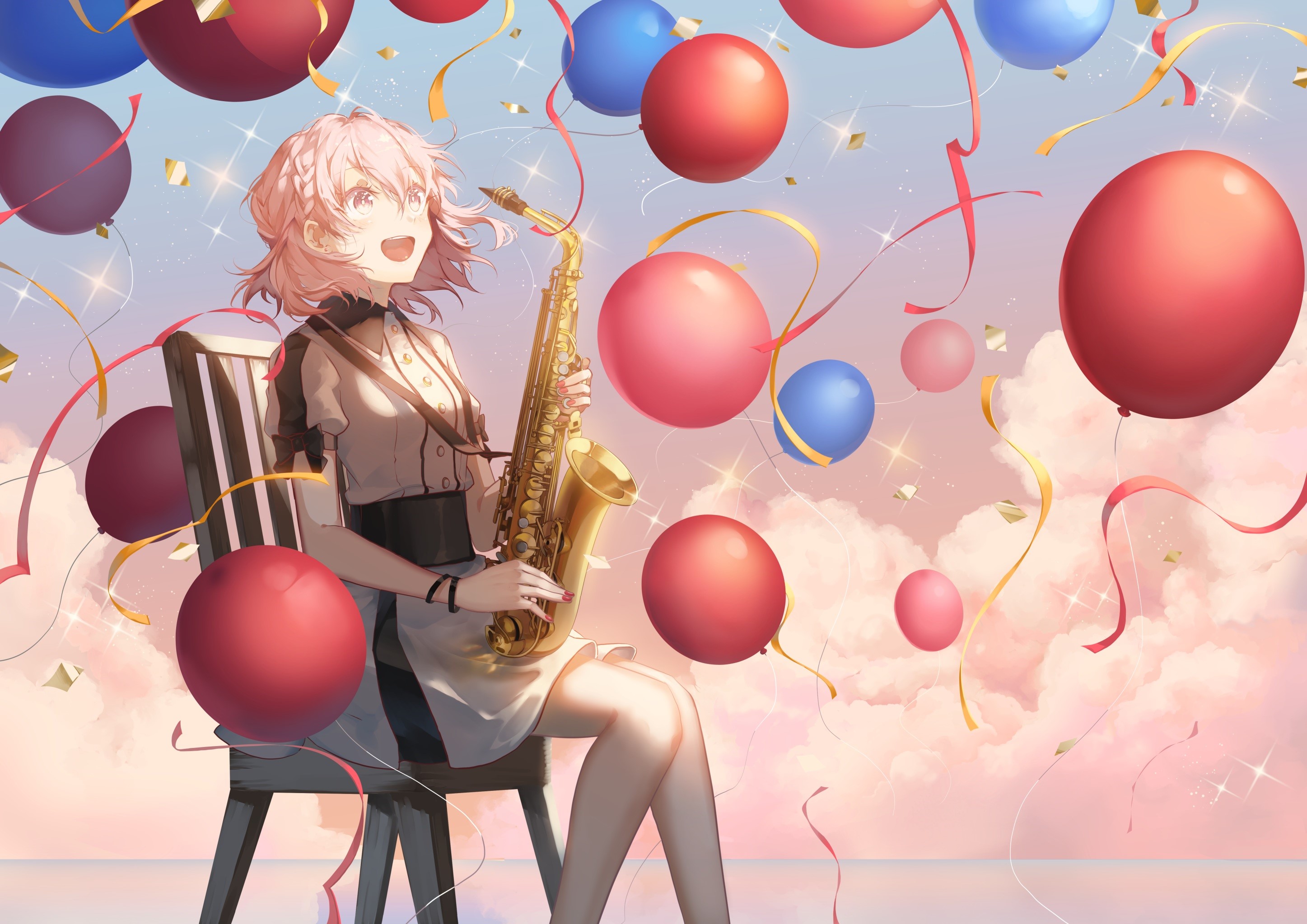 Anime girl playing saxophone with balloons and confetti HD Wallpaper