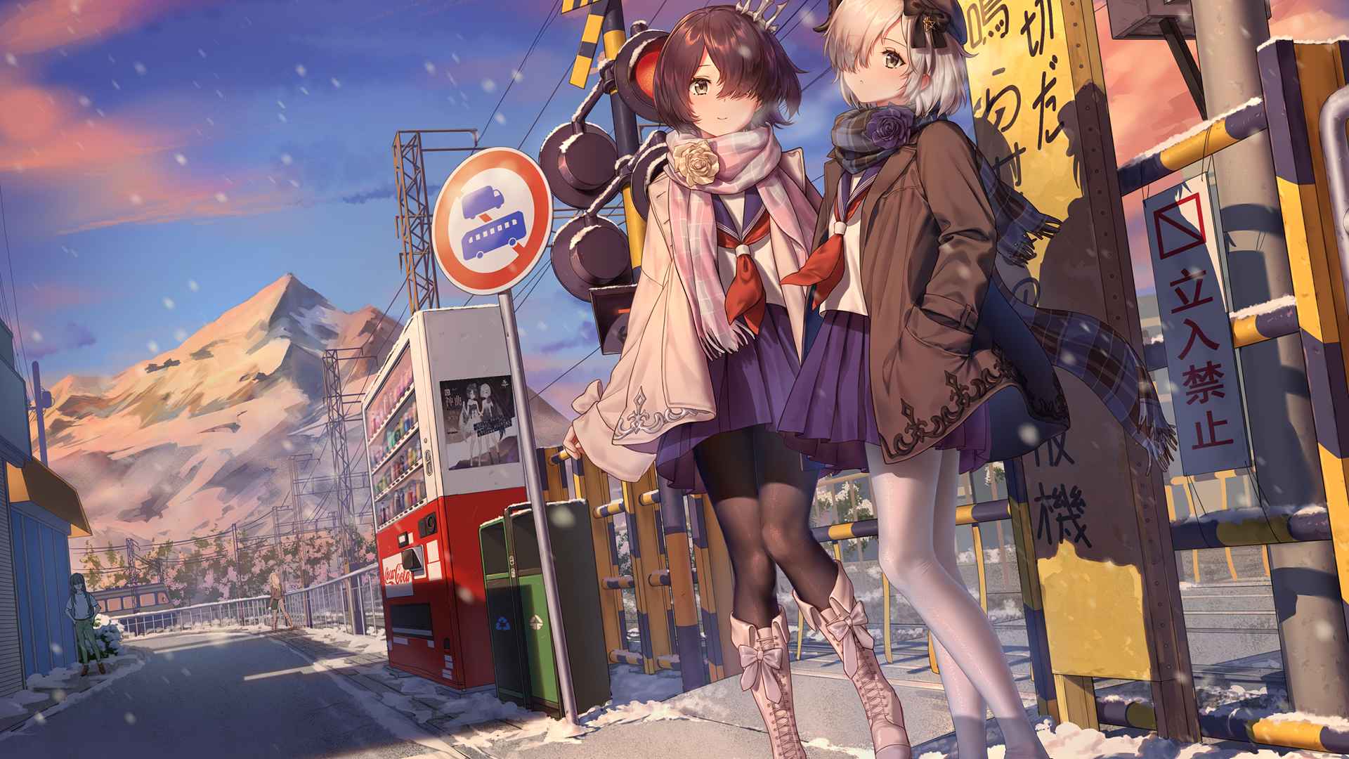 Two anime girls in school uniforms at a snowy bus stop HD Wallpaper
