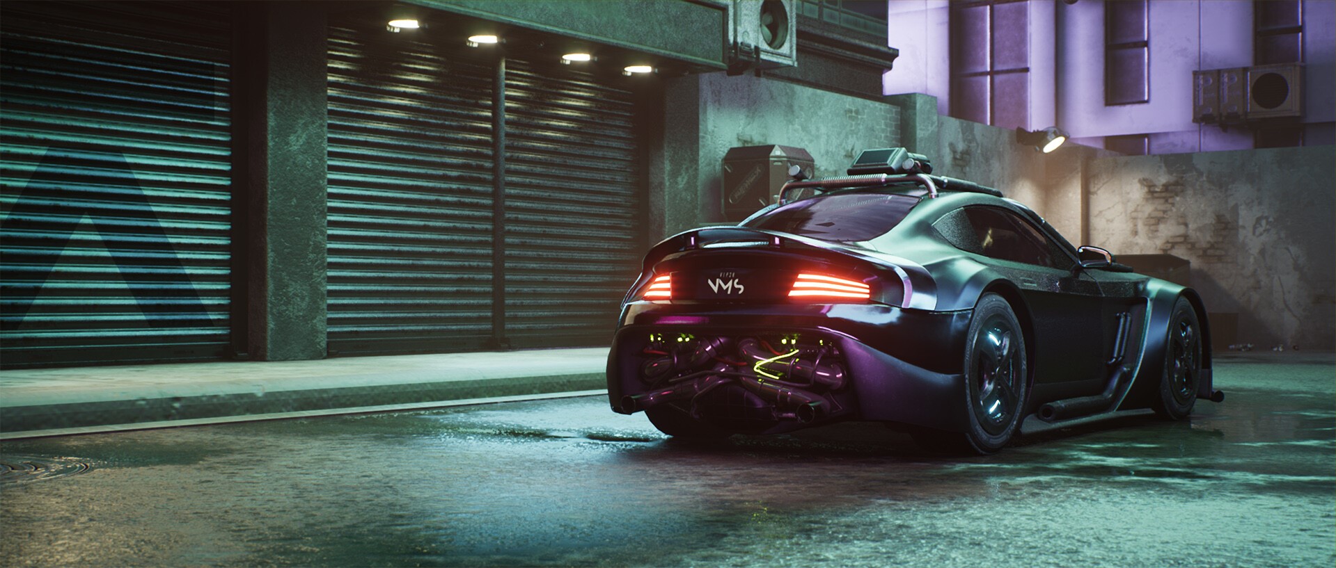 Futuristic car with neon lights in a dark alley HD Wallpaper