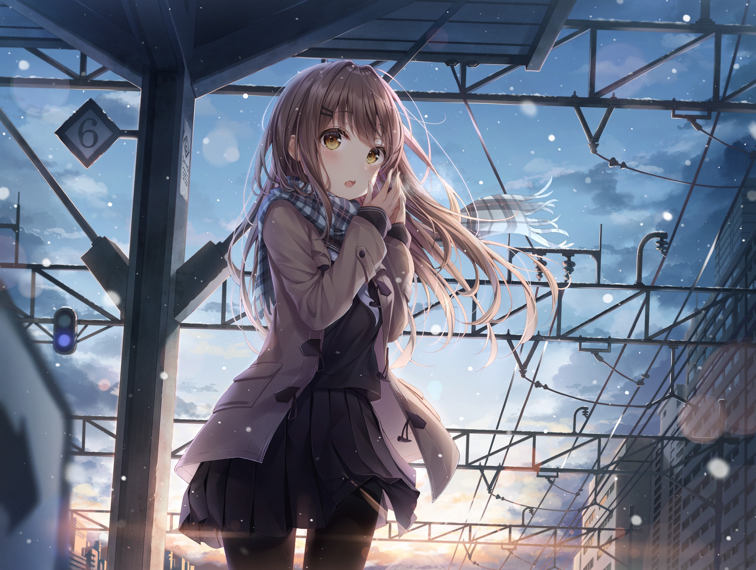 Anime girl in school uniform at train station in snow HD Wallpaper