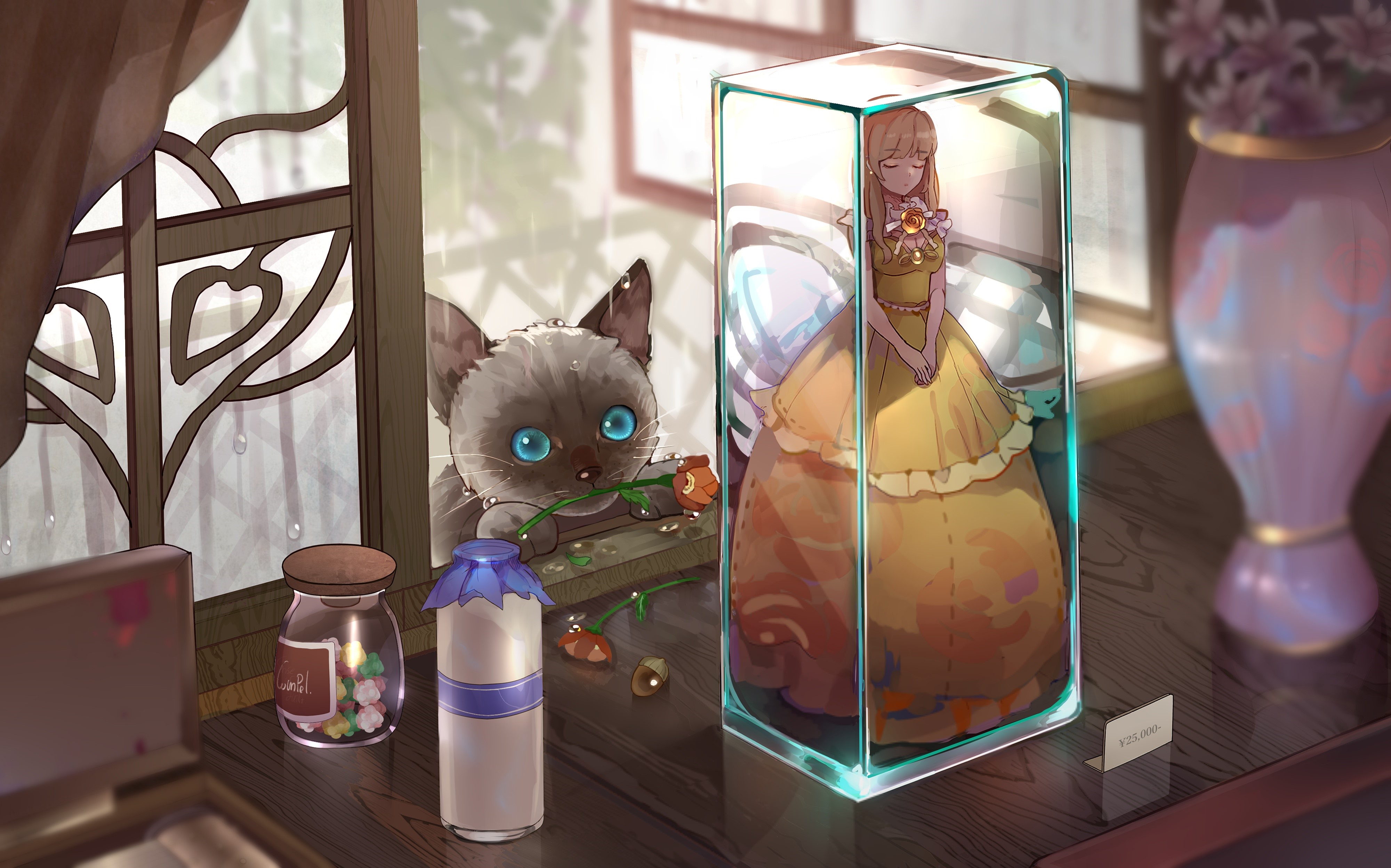 Doll in a display case with a cat and flowers HD Wallpaper
