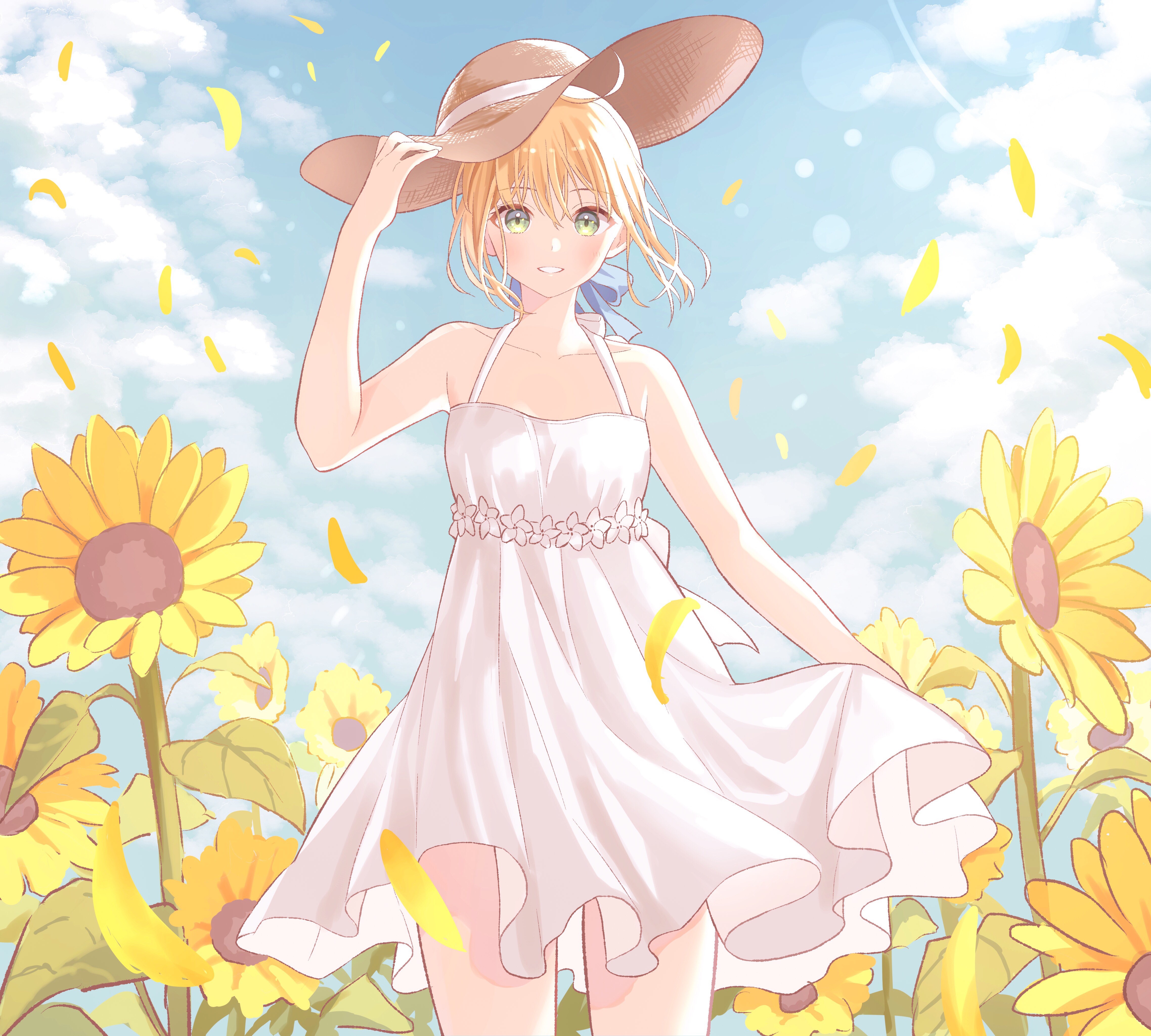 Saber from Fate Series in a Sun Dress with Sunflowers HD Wallpaper