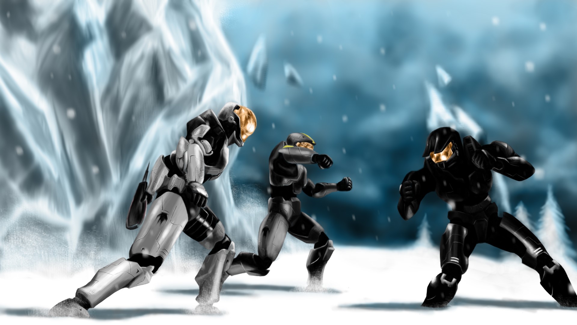 Red vs. Blue characters in a snowy landscape HD Wallpaper