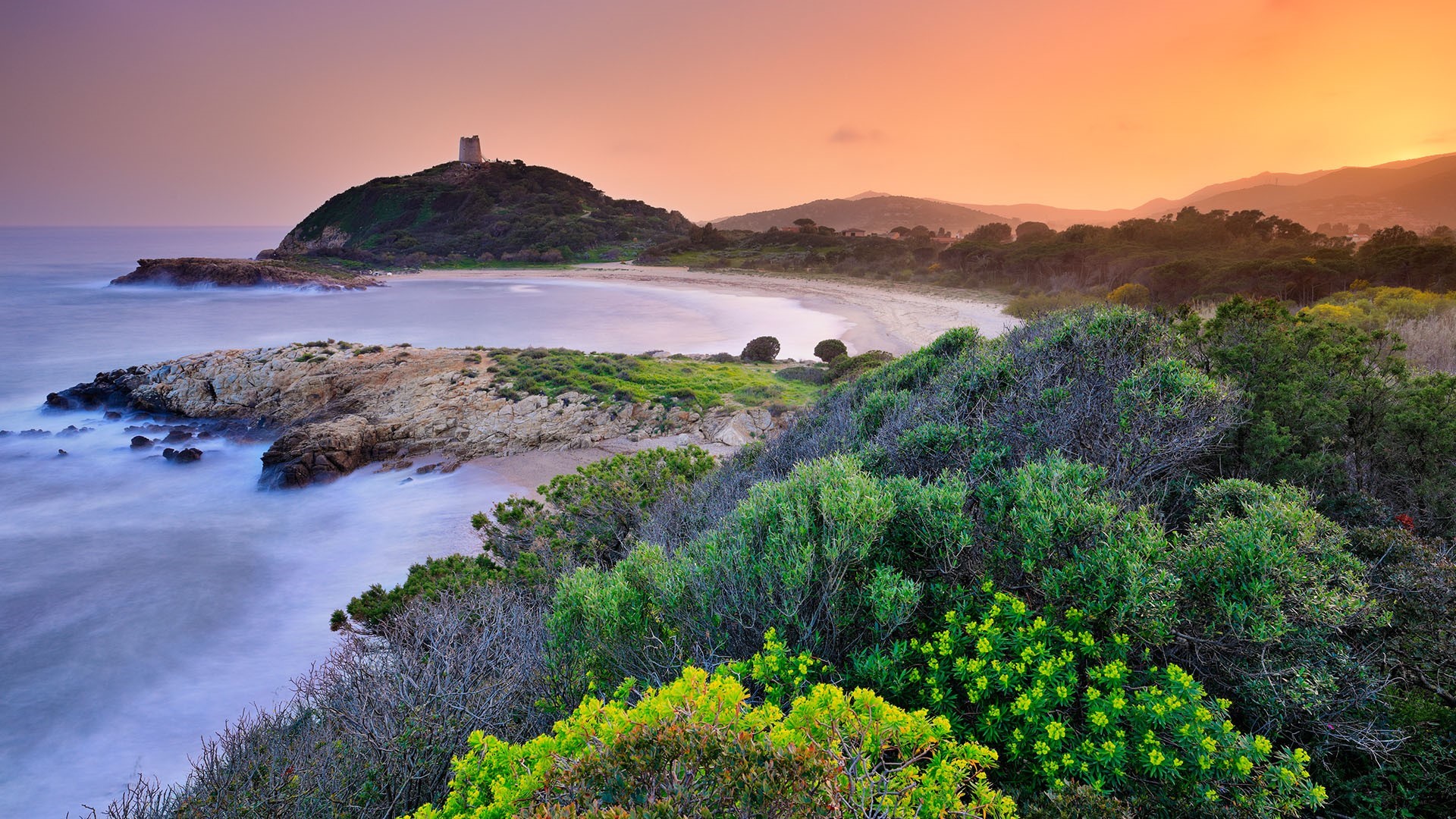 Coastal landscape with tower and sea at sunset HD Wallpaper