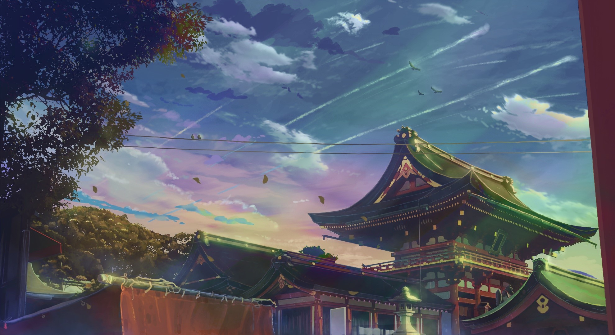 Anime temple with trees and sky HD Wallpaper