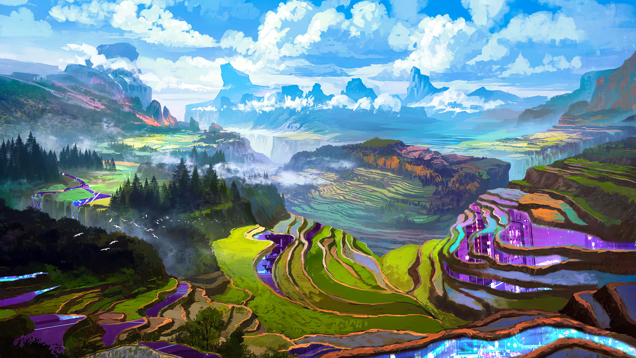 Futuristic Terraced Landscape with Mountains and Clouds HD Wallpaper