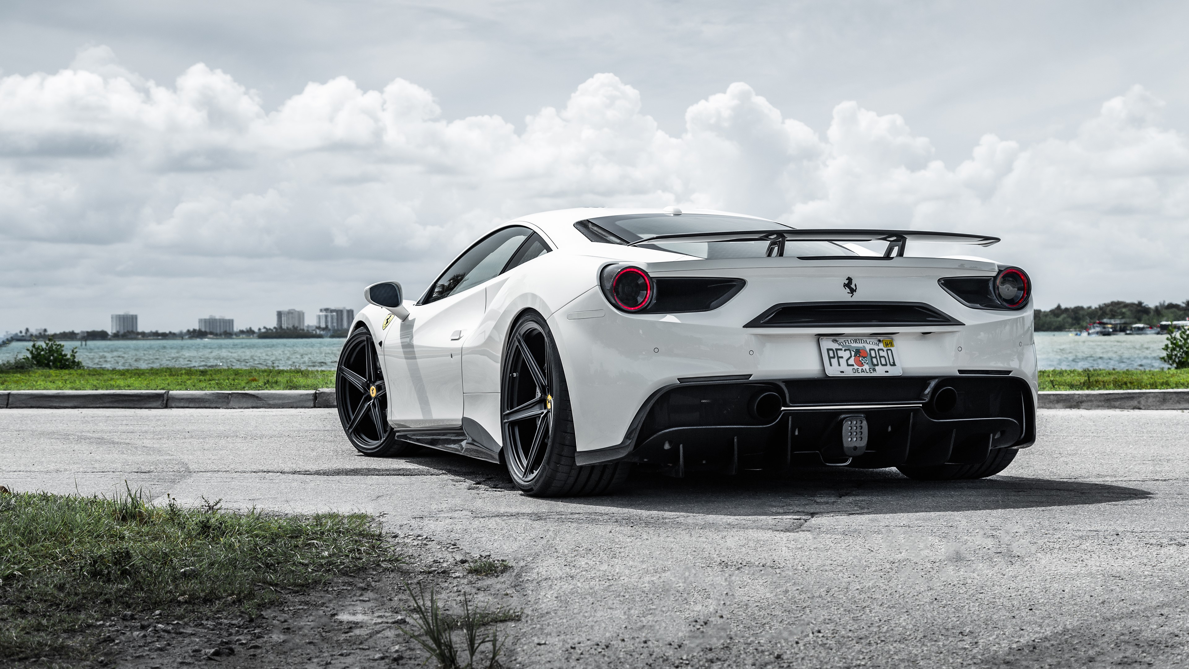 White Ferrari 488 GTB by the water HD Wallpaper