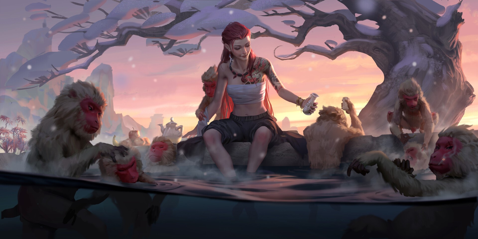 Redhead woman and monkeys in a snowy hot spring HD Wallpaper