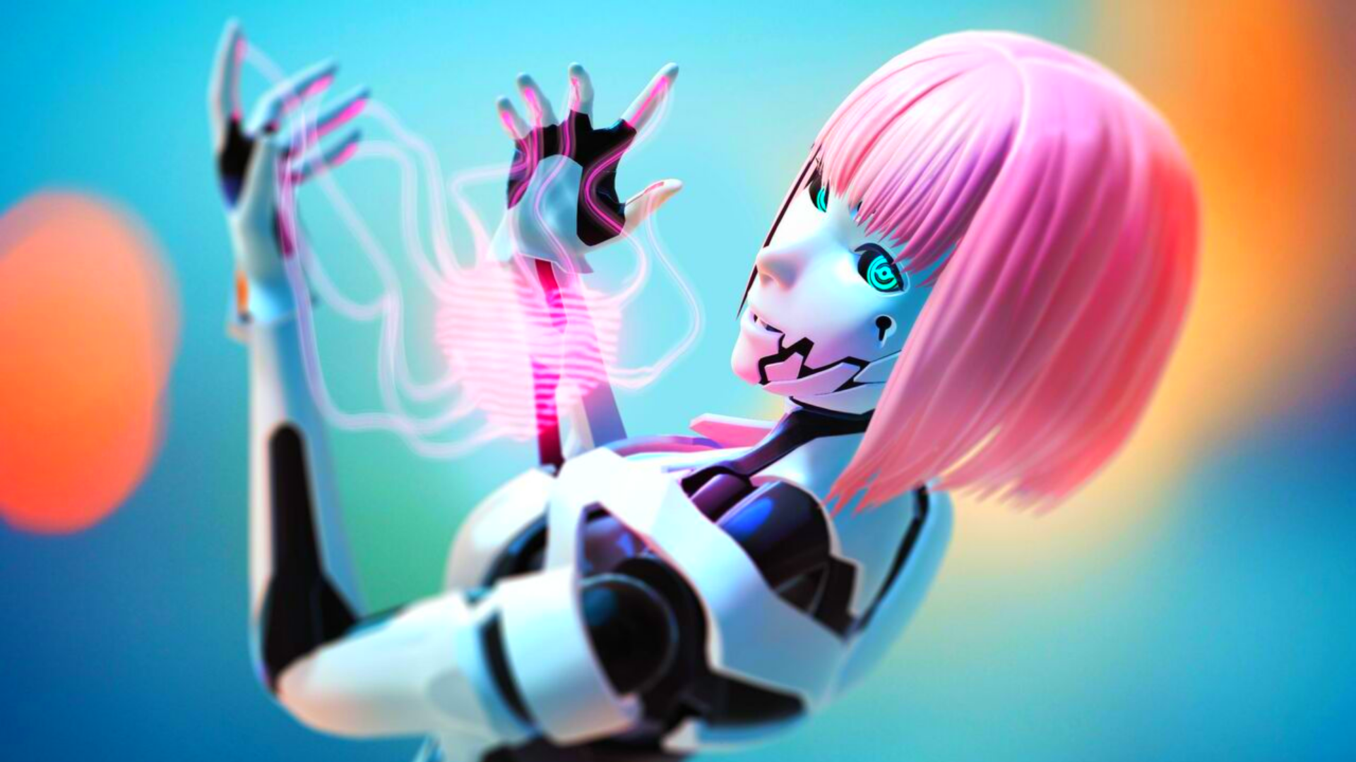 Cybernetic woman with pink hair interacting with digital energy HD Wallpaper