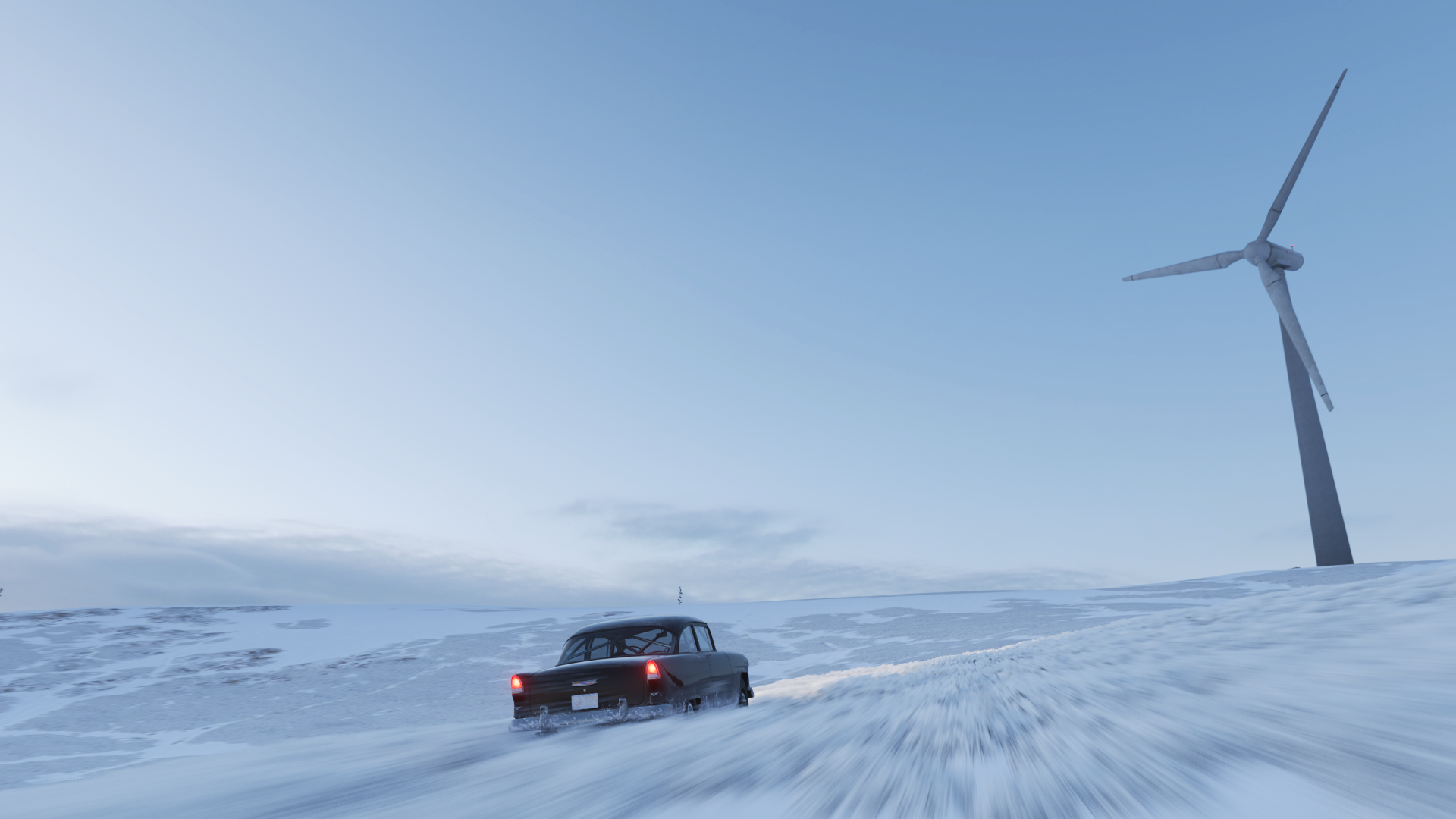 Classic car driving on a snowy landscape with a windmill HD Wallpaper