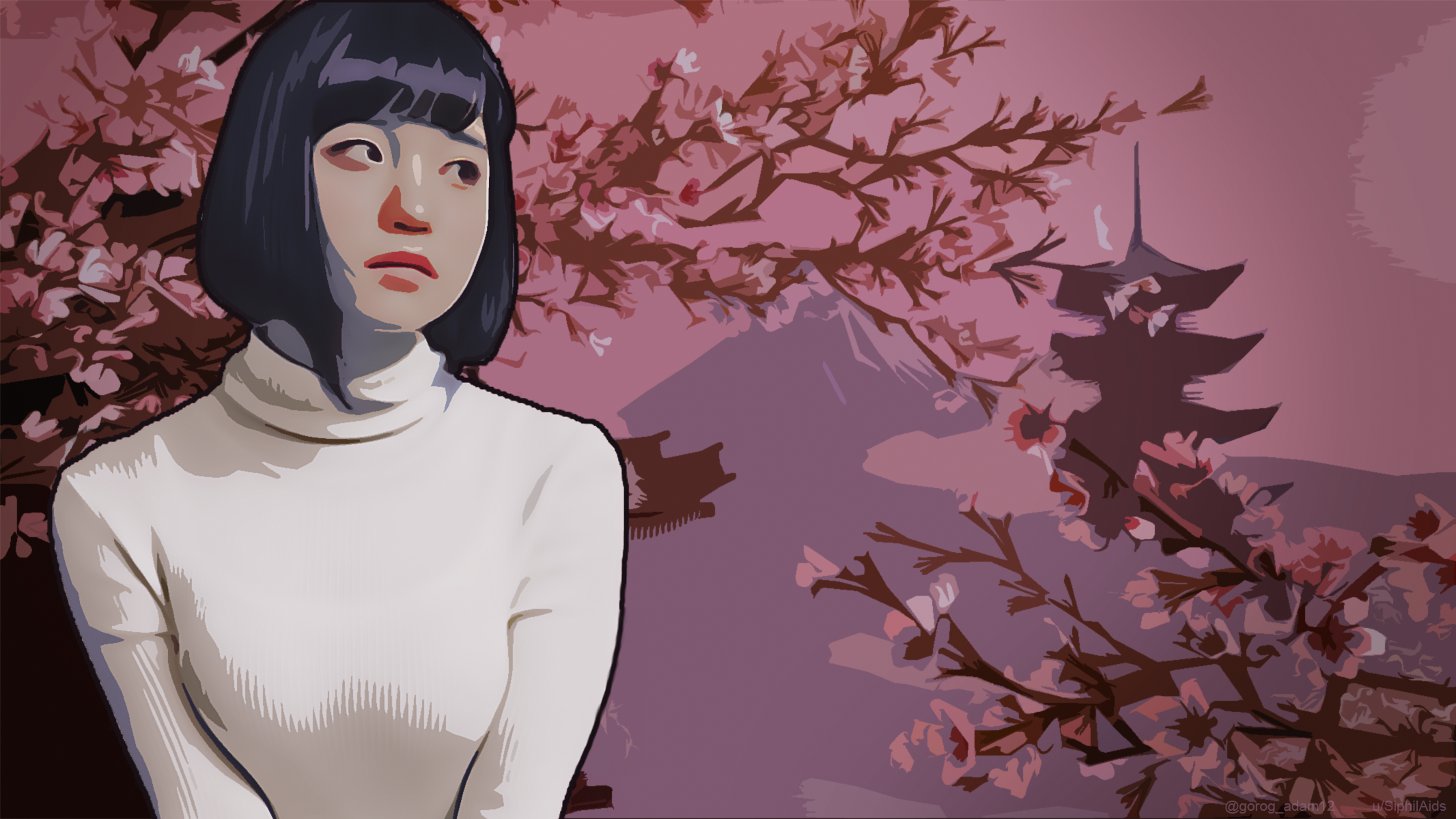 Woman in white sweater with Japanese pagoda and cherry blossoms HD Wallpaper