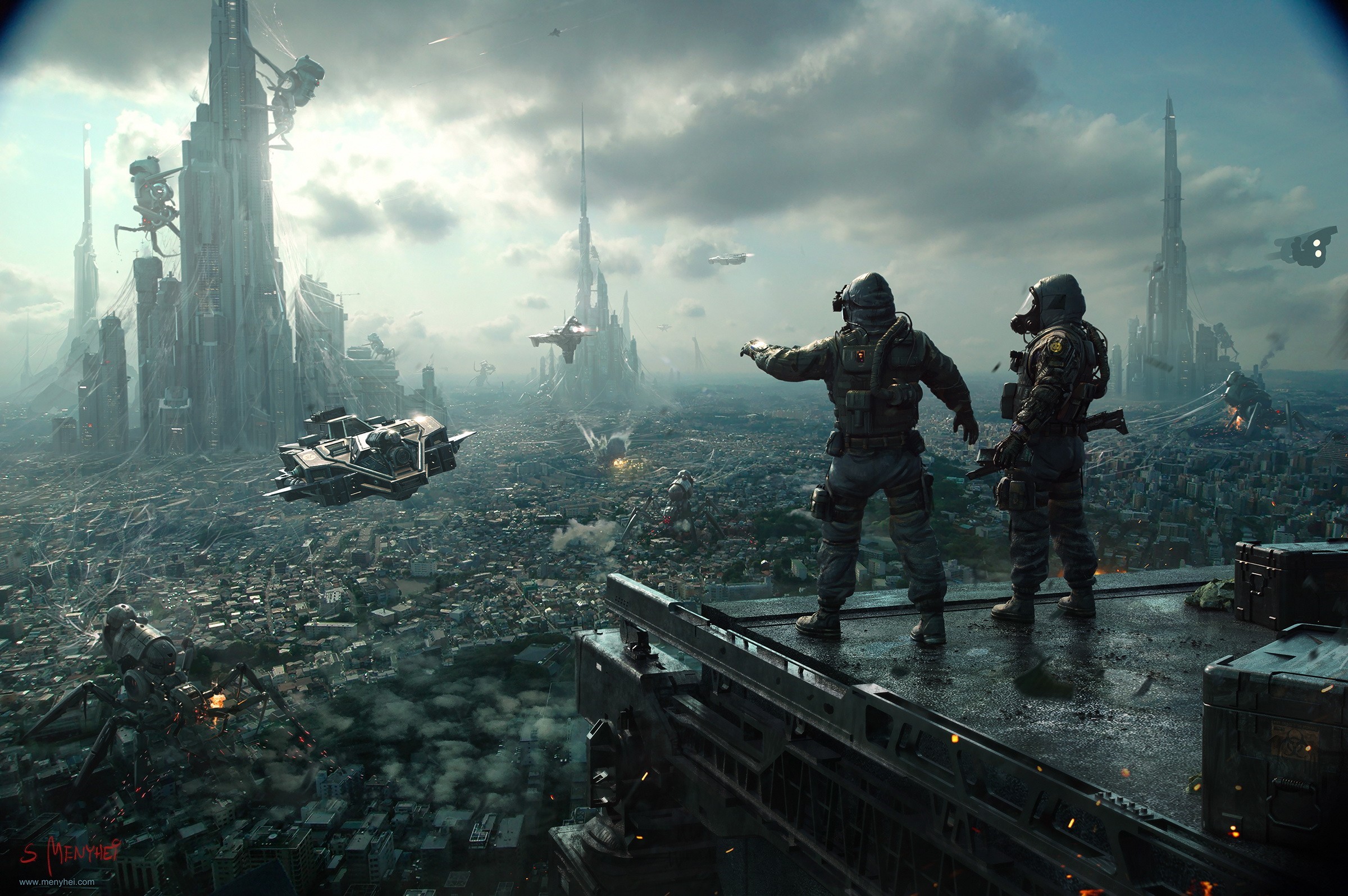 Two soldiers overlooking a futuristic city under attack HD Wallpaper