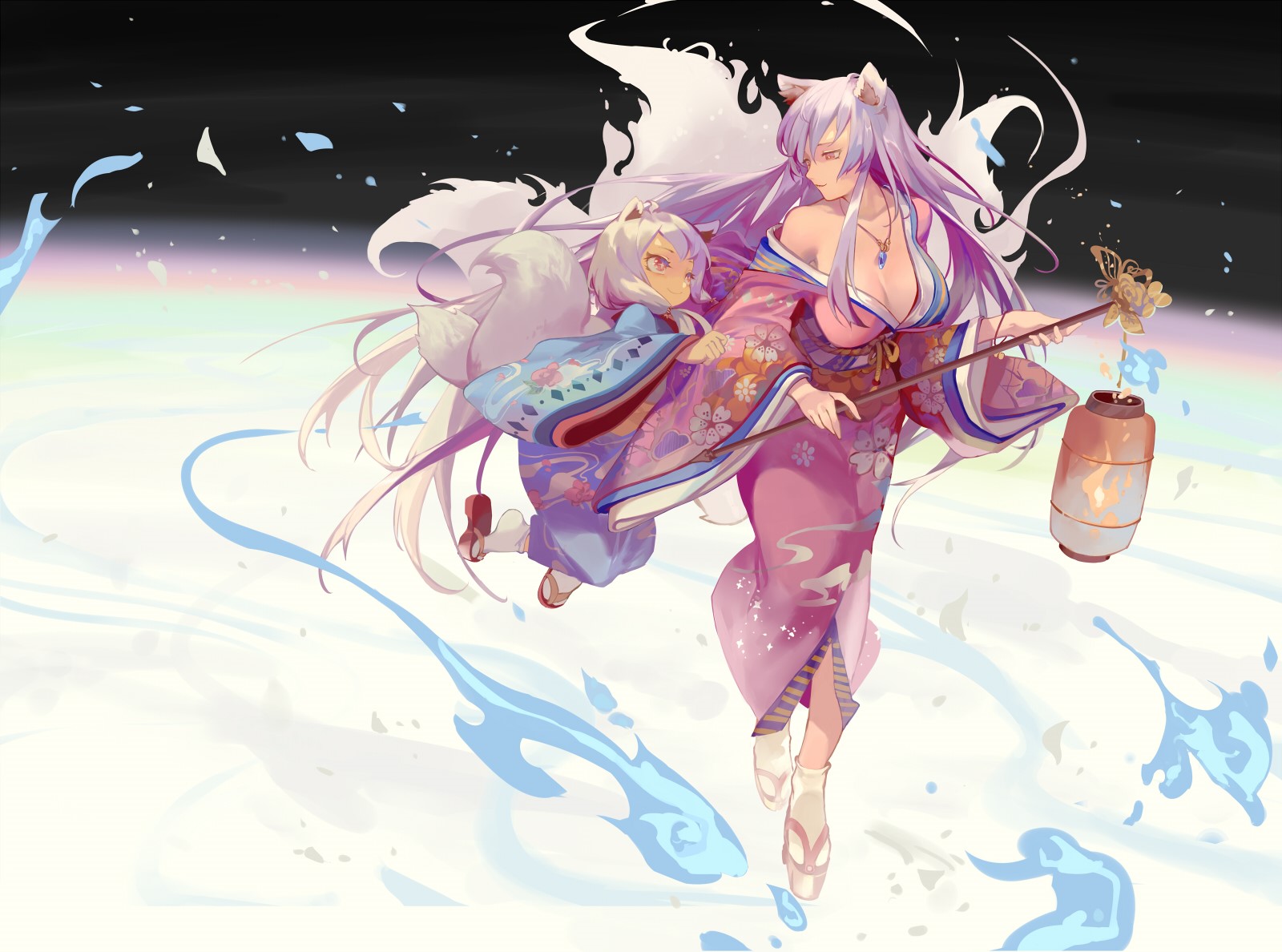 Two fox-eared women in kimonos with a lantern HD Wallpaper