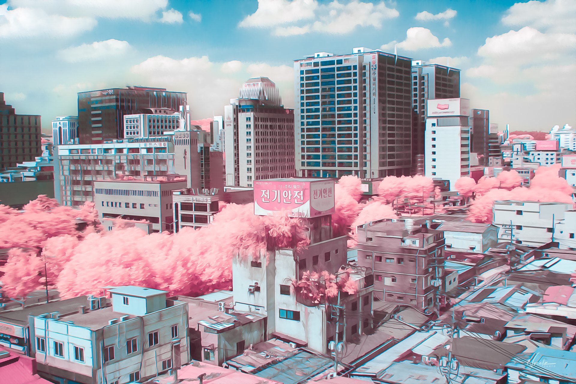 Cityscape with pink trees and buildings HD Wallpaper