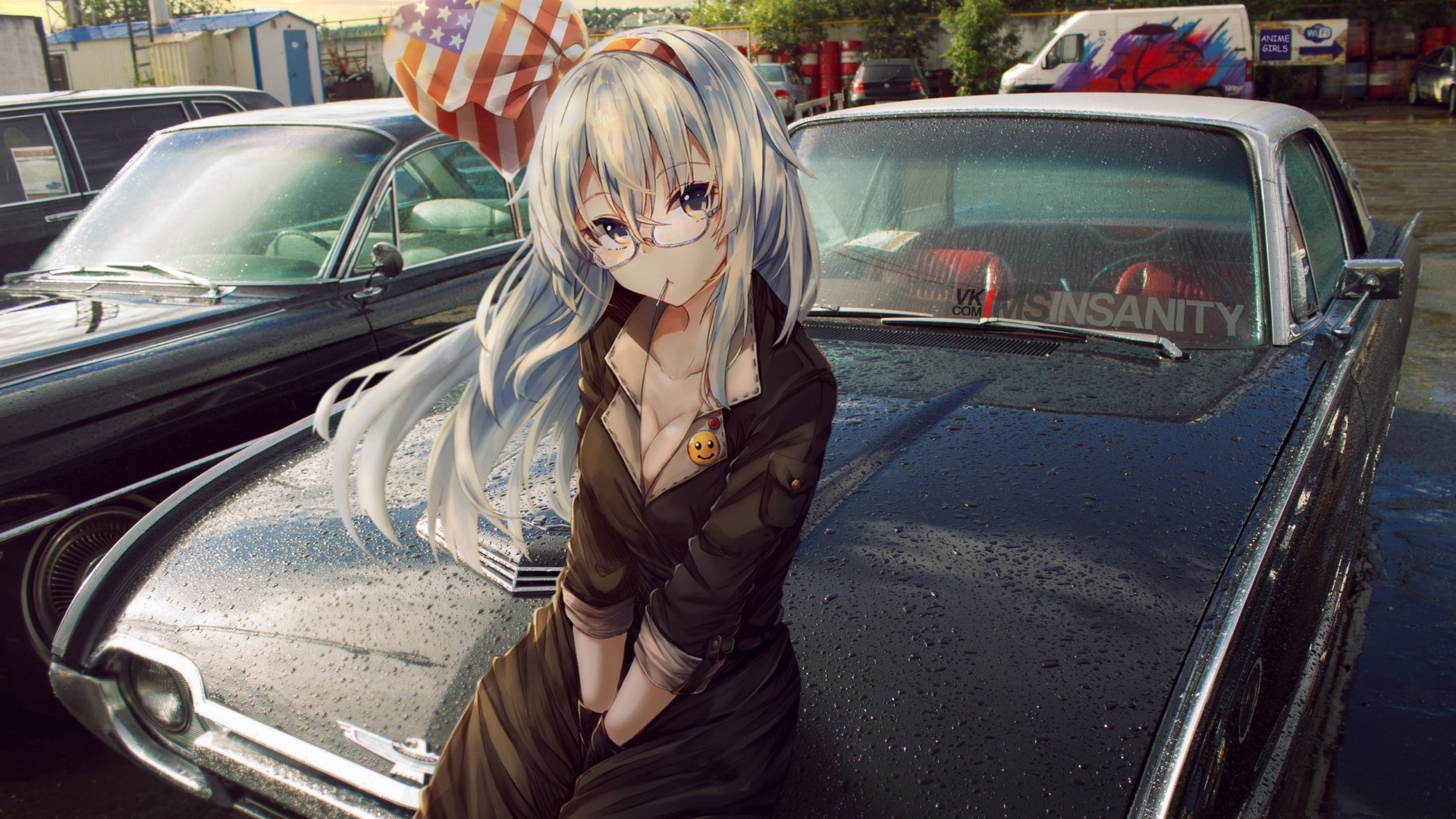 Anime girl with glasses and American flag umbrella on car hood HD Wallpaper