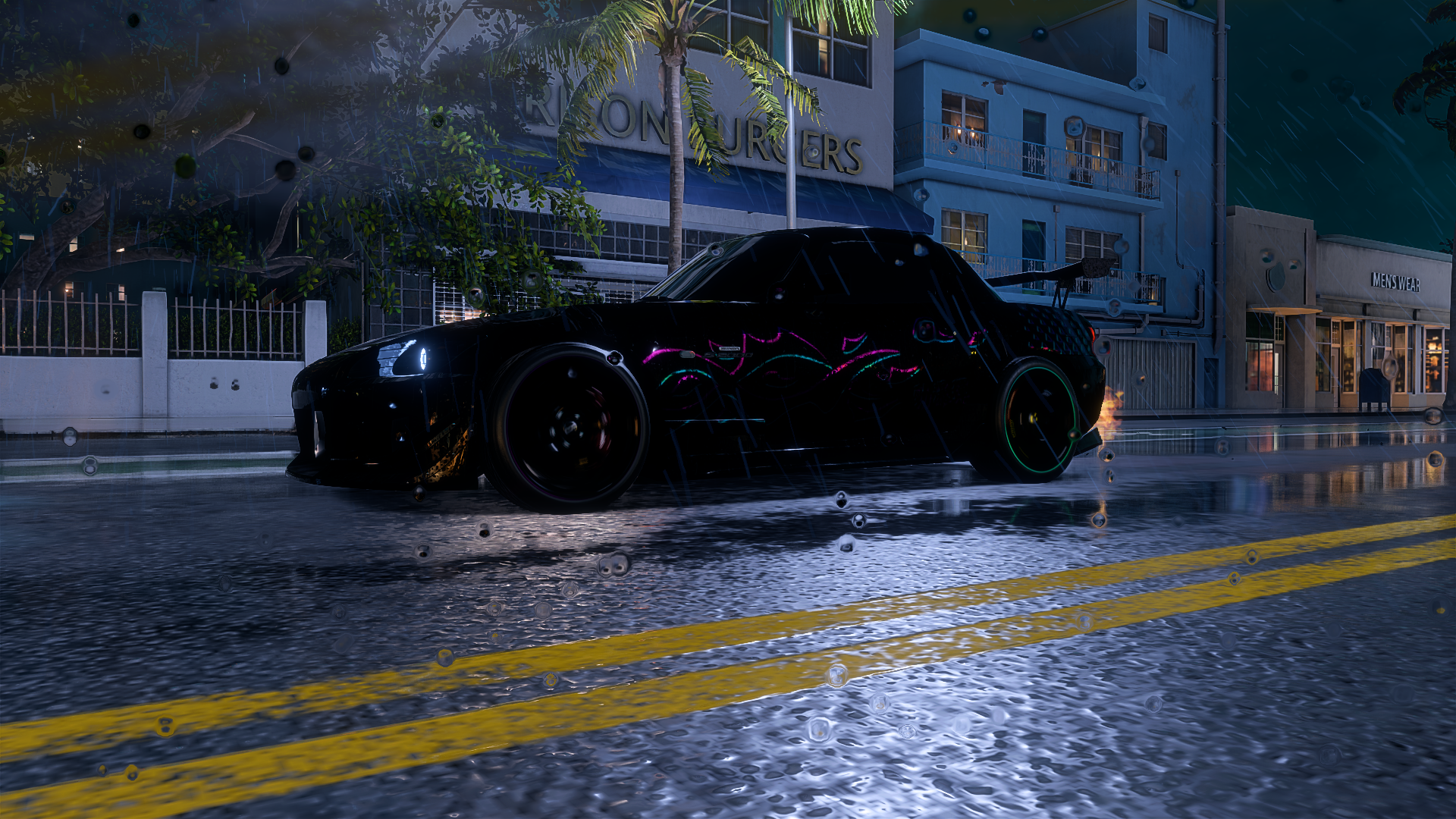 Black Honda S2000 with neon livery in the rain HD Wallpaper