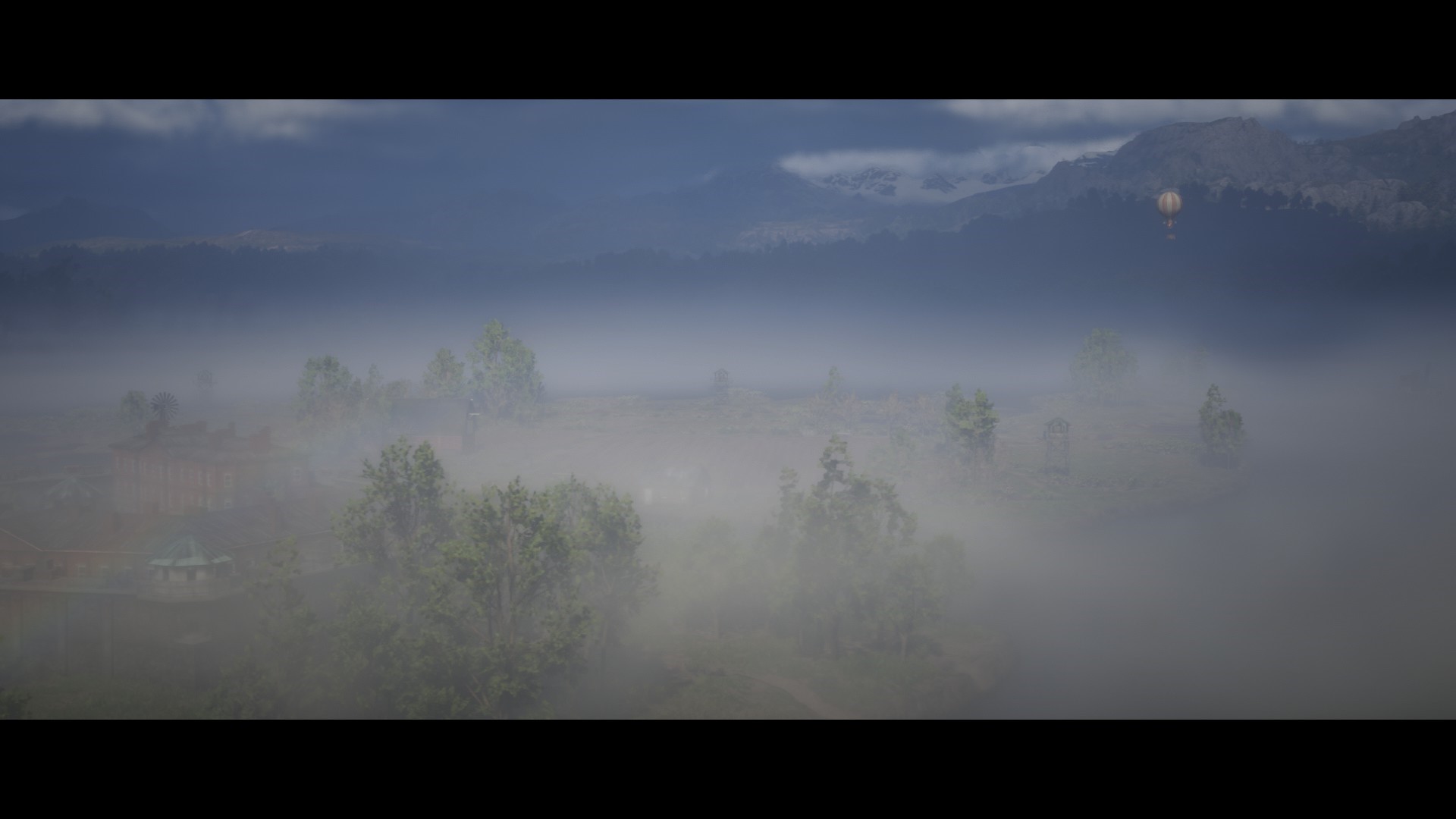 Hot air balloon over foggy landscape in Red Dead Redemption 2 HD Wallpaper