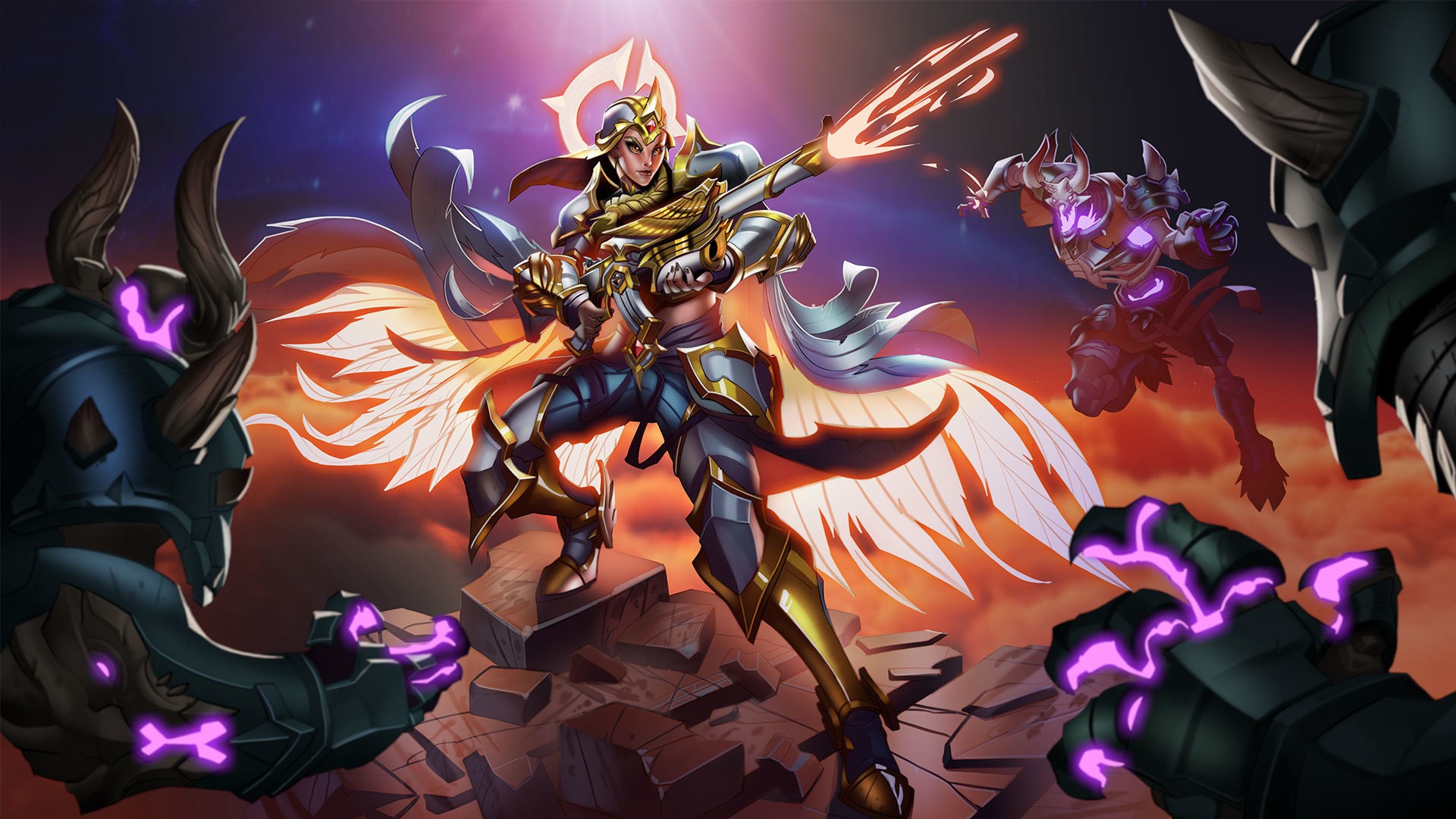 Tyra from Paladins fighting demons with wings HD Wallpaper
