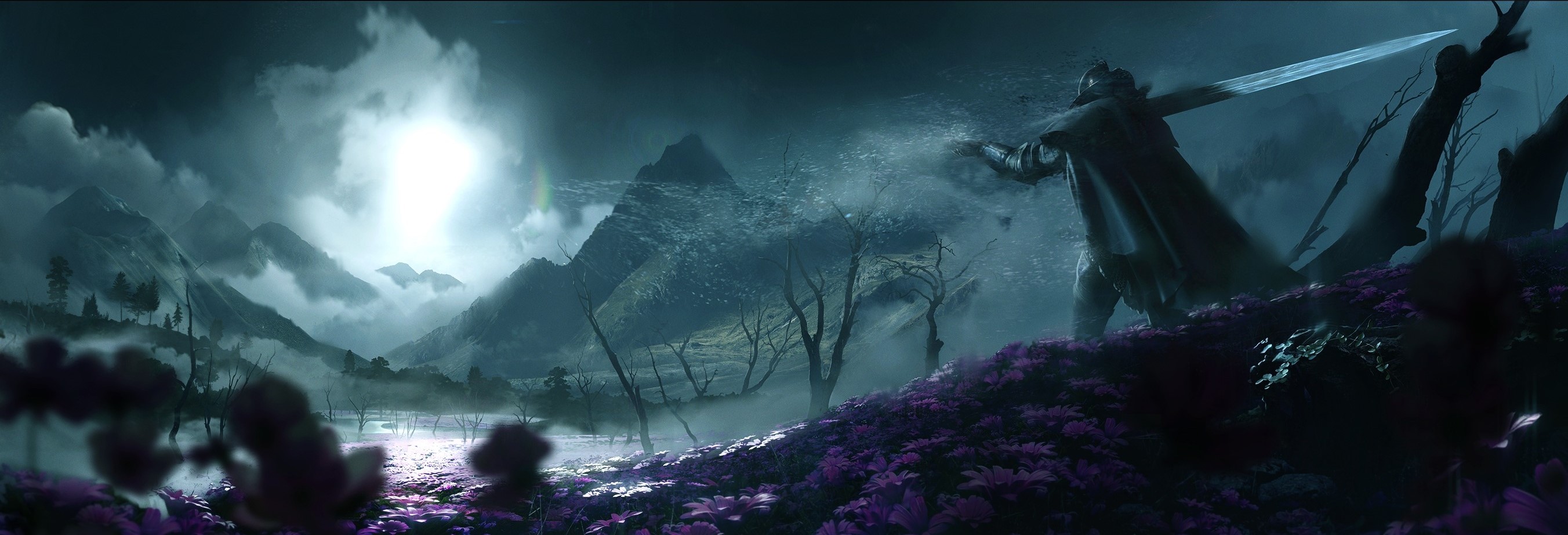 Fantasy warrior with sword in a dark landscape HD Wallpaper