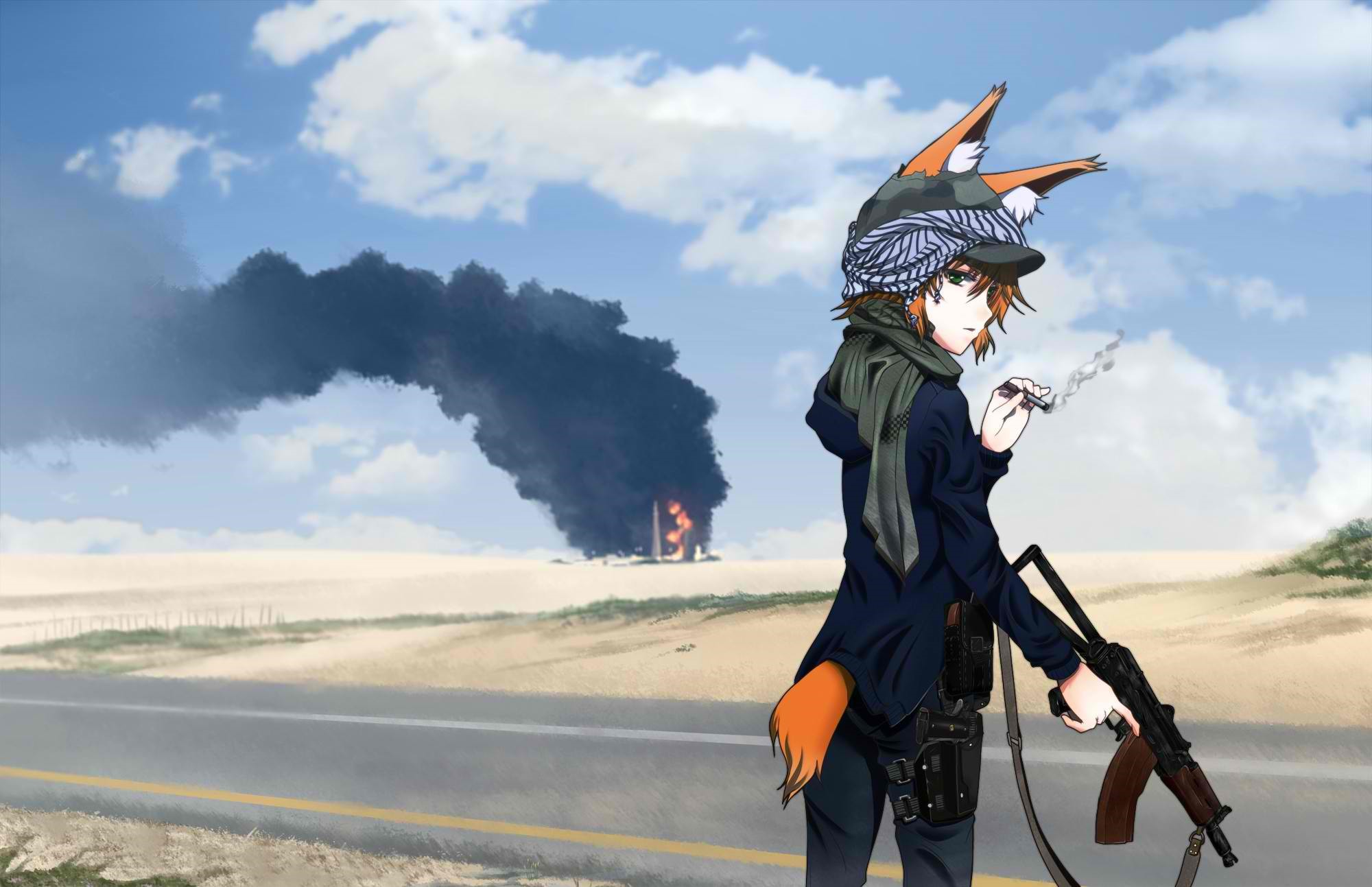 Fox girl with AKS-74U smoking in desert HD Wallpaper