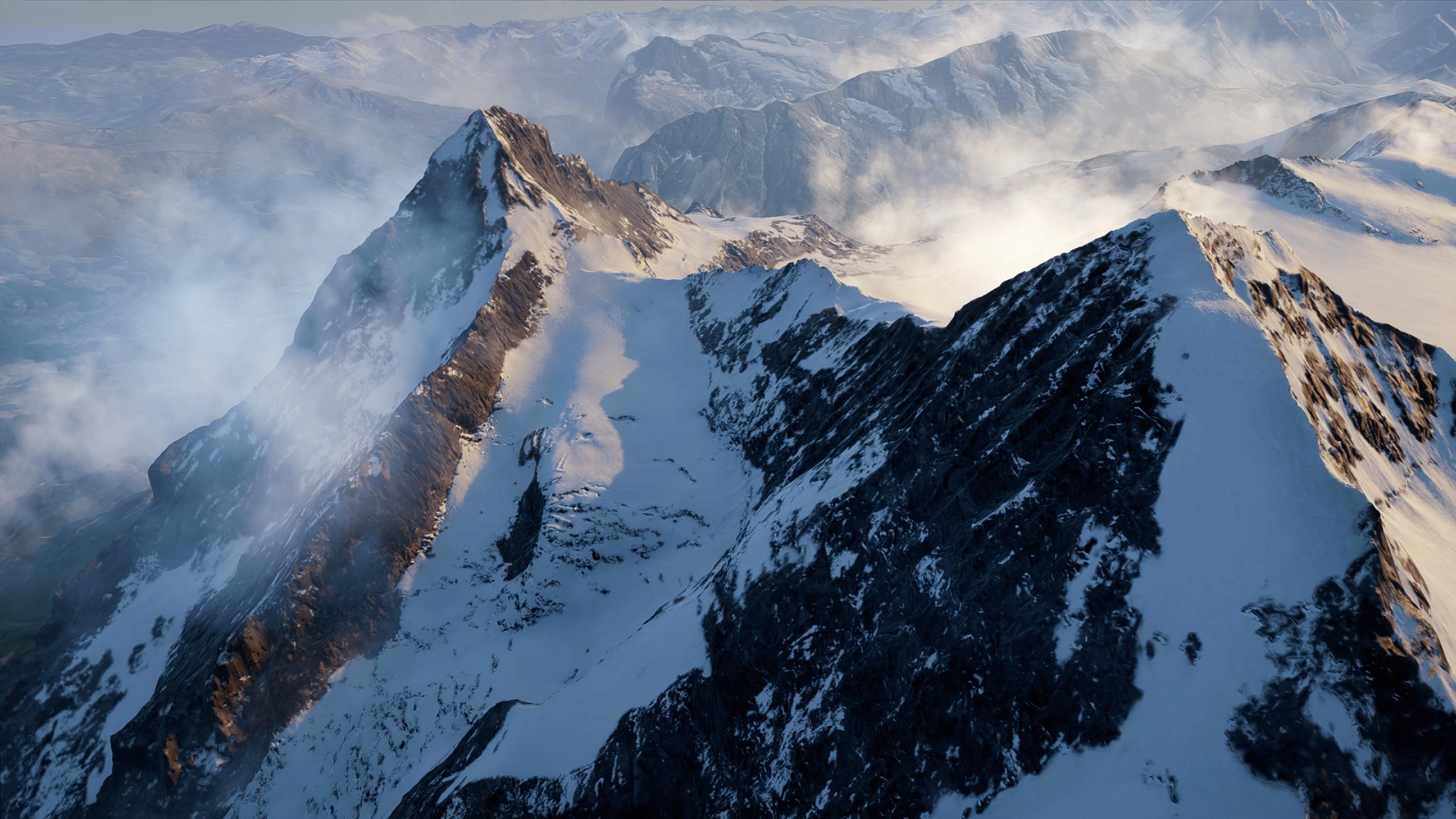 Snow-covered mountains with mist HD Wallpaper
